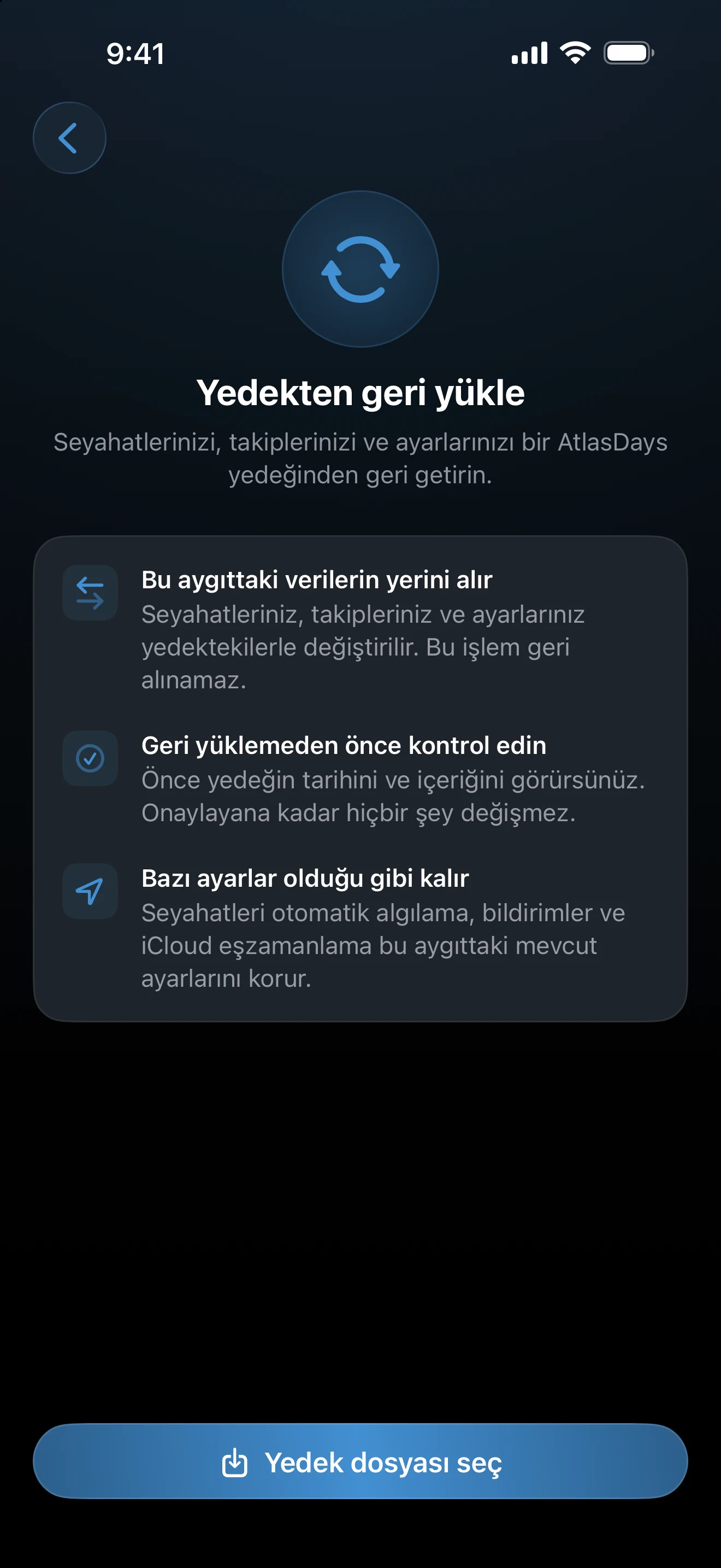 Yedek dosyası seç düğmesinin bulunduğu Yedekten geri yükle ekranı