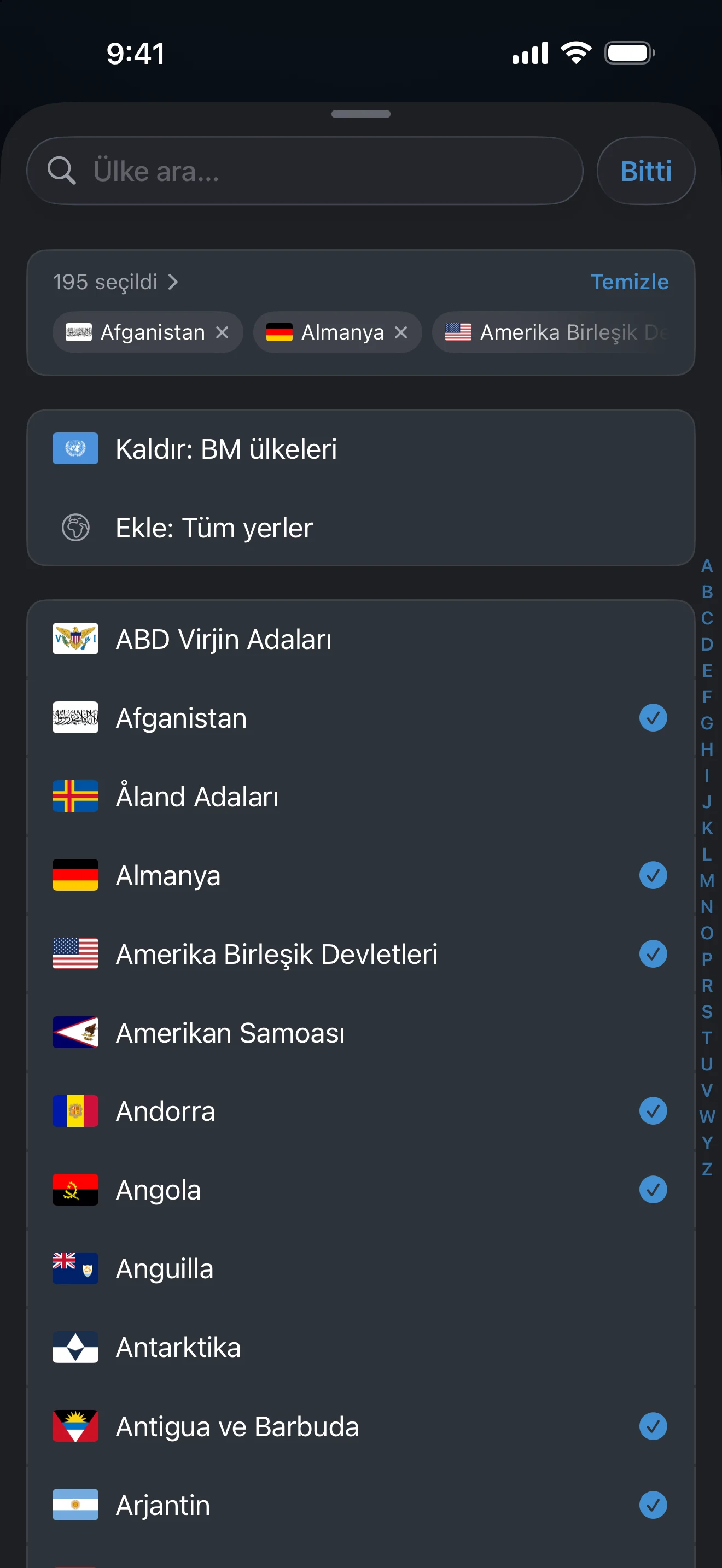Yerler listesinin üstünde BM ülkeleri hazır ayar satırının bulunduğu Ülke sayısı seçicisi