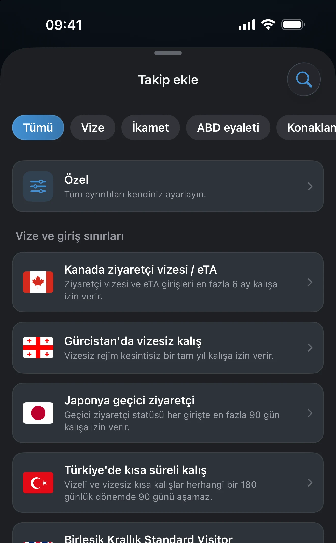 Seçilen filtre kapsamında kullanılabilen kuralları gösteren takip hazır ayarları listesi