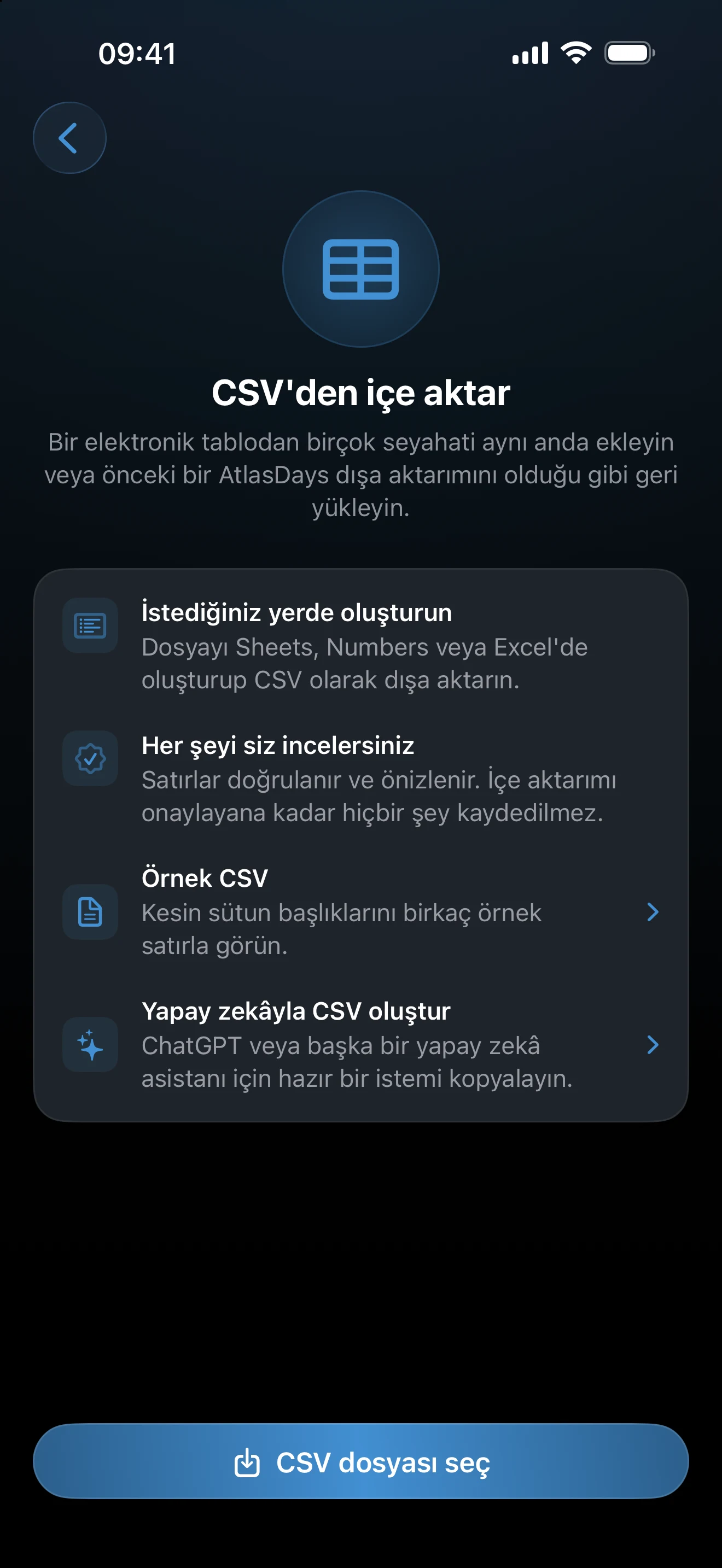 CSV içe aktarımı kurulumu, örnek dosya ve biçim denetimleri