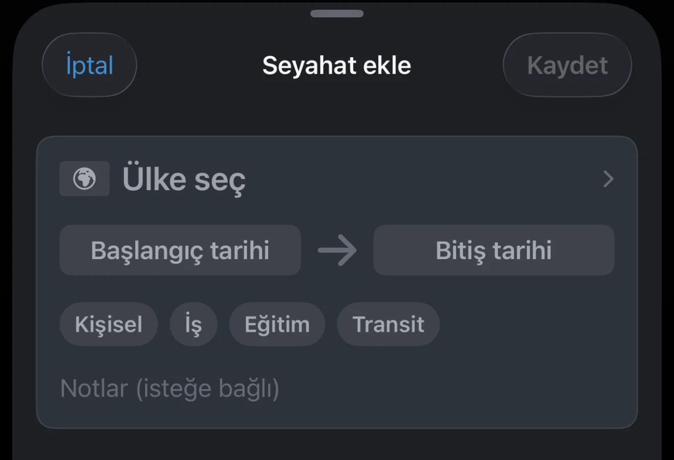 Başlangıç ve bitiş tarihini gösteren seyahat tarihleri