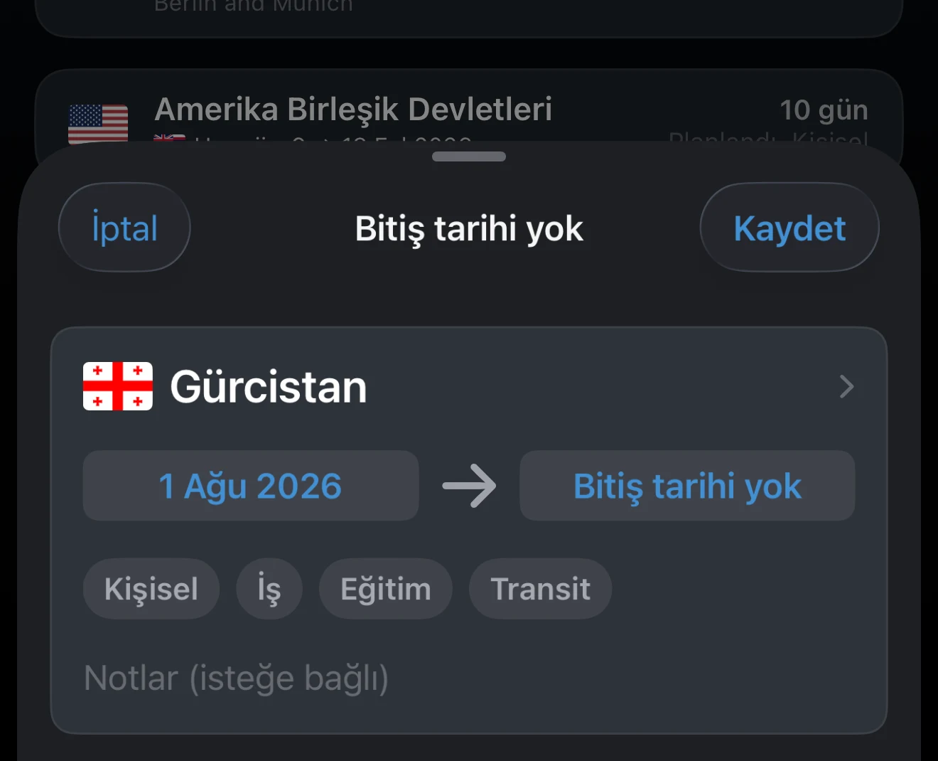 Bitiş tarihi olmayan devam eden seyahat