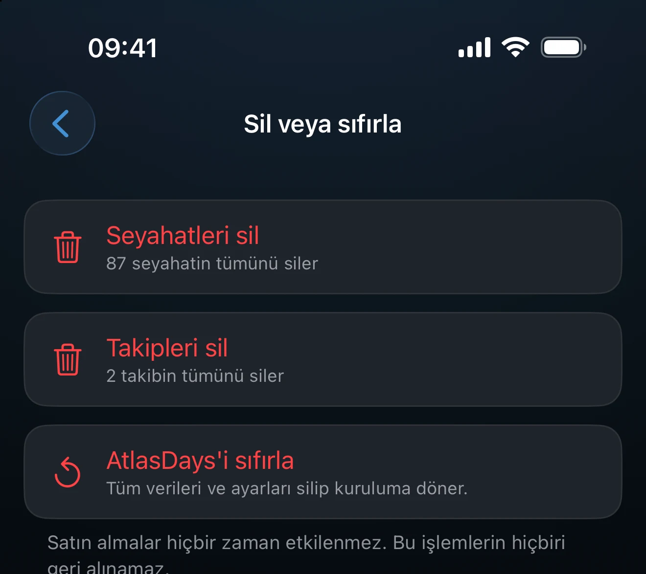 Kullanılabilen işlemleri listeleyen Sil veya sıfırla ekranı