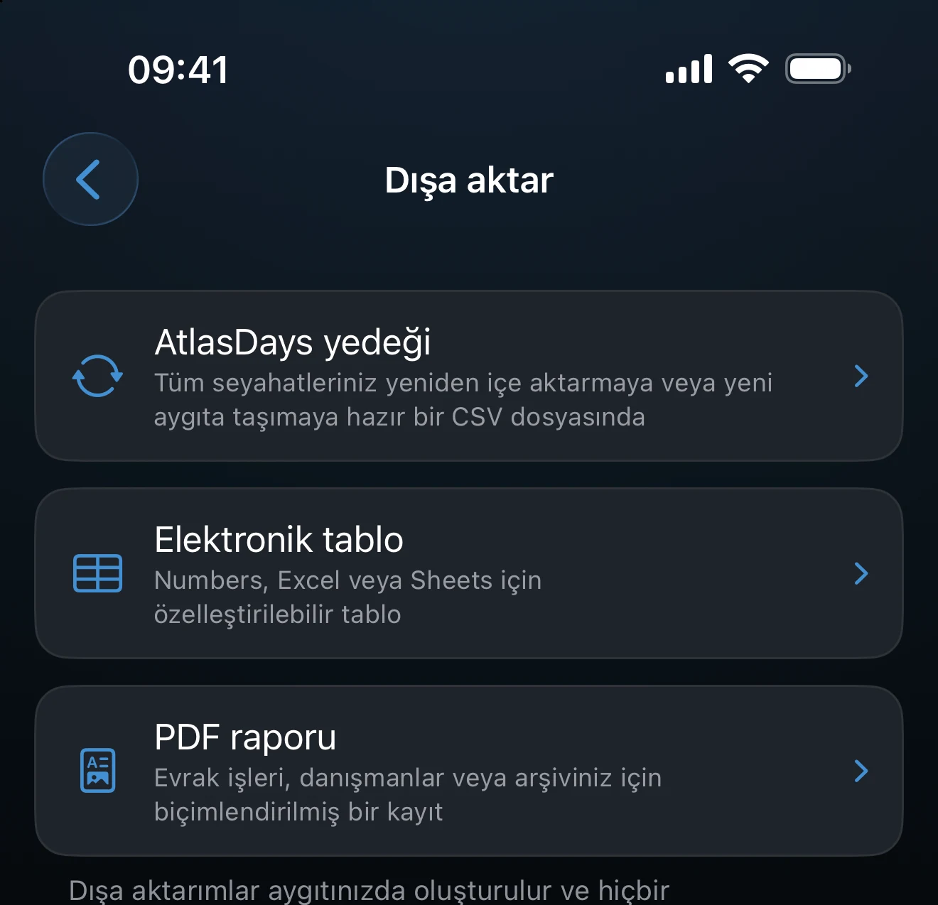 AtlasDays yedeği, Elektronik tablo ve PDF raporu seçeneklerini gösteren Dışa aktar ekranı