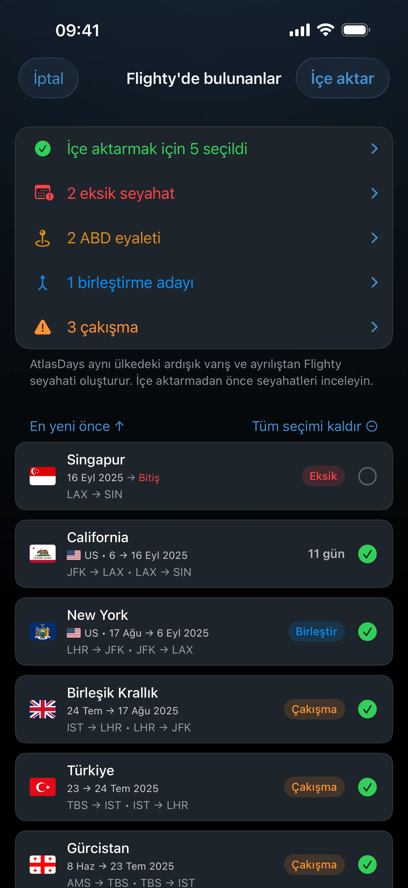 Kalışlar, transitler ve uyarıların bulunduğu Flighty içe aktarma incelemesi