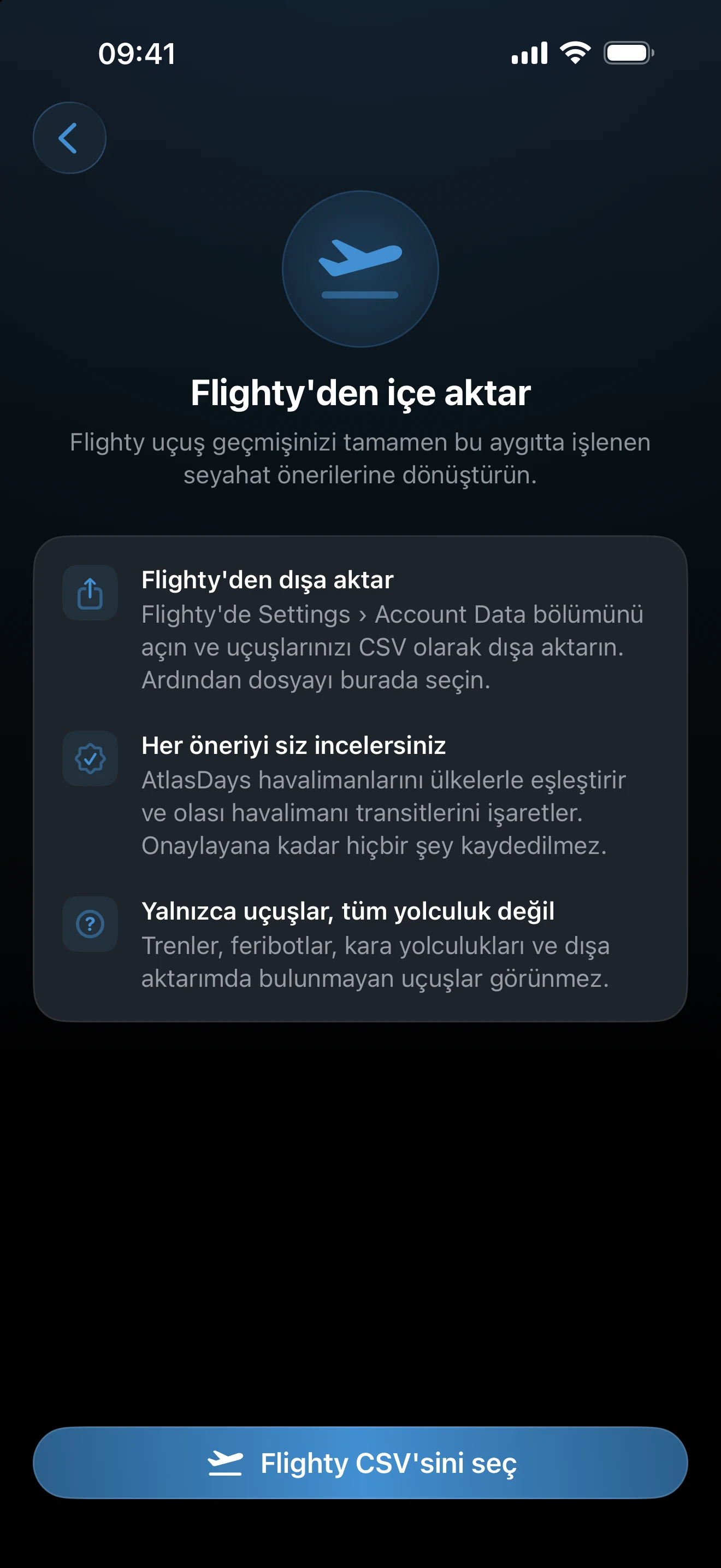 Flighty'den içe aktarma kurulum ekranı