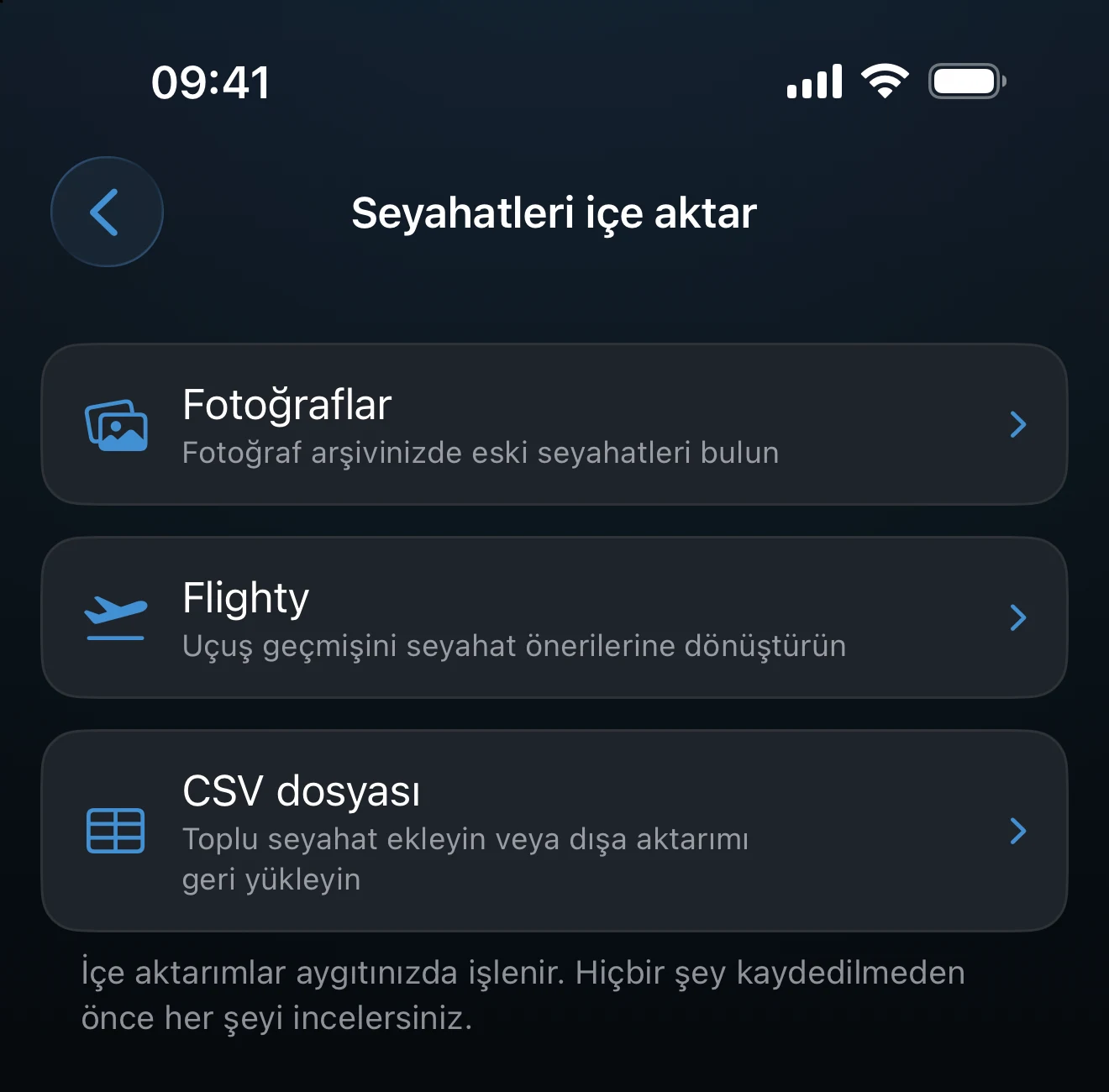 Fotoğraflar, Flighty ve CSV seçeneklerini listeleyen İçe aktarma ekranı
