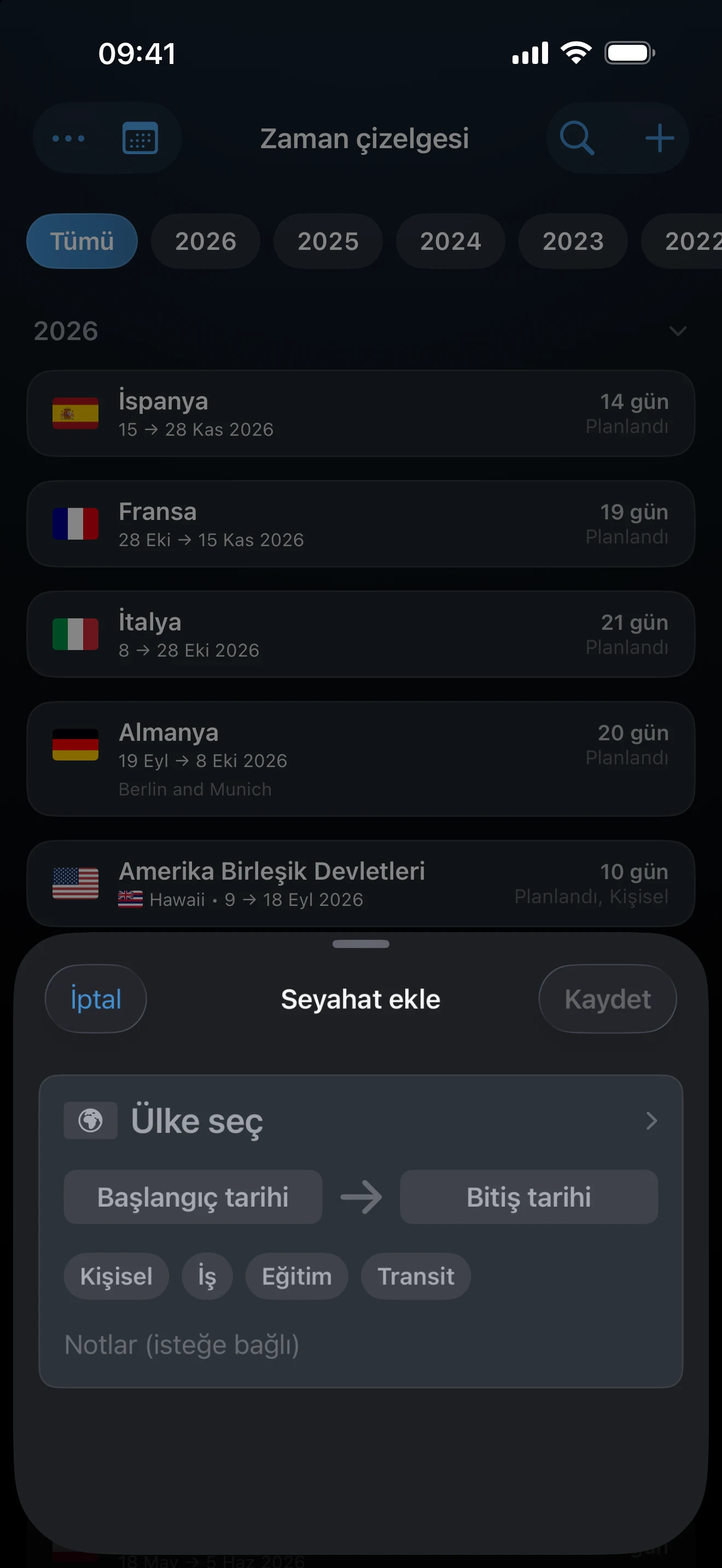 Ülke, tarihler ve amaç alanlarının bulunduğu Seyahat ekle formu