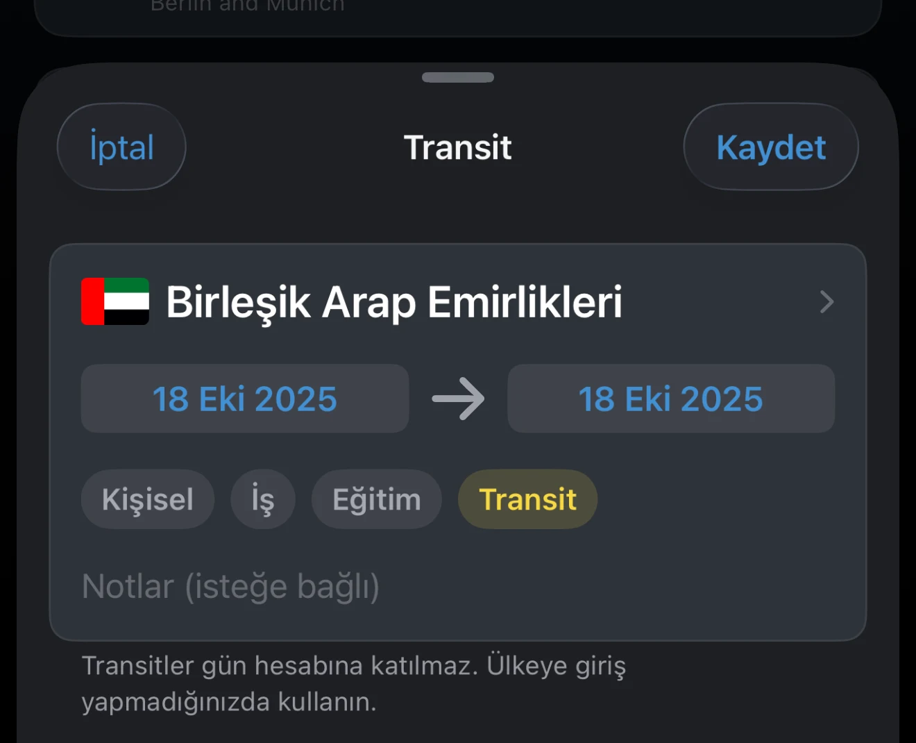 Transit amacı seçilmiş seyahat