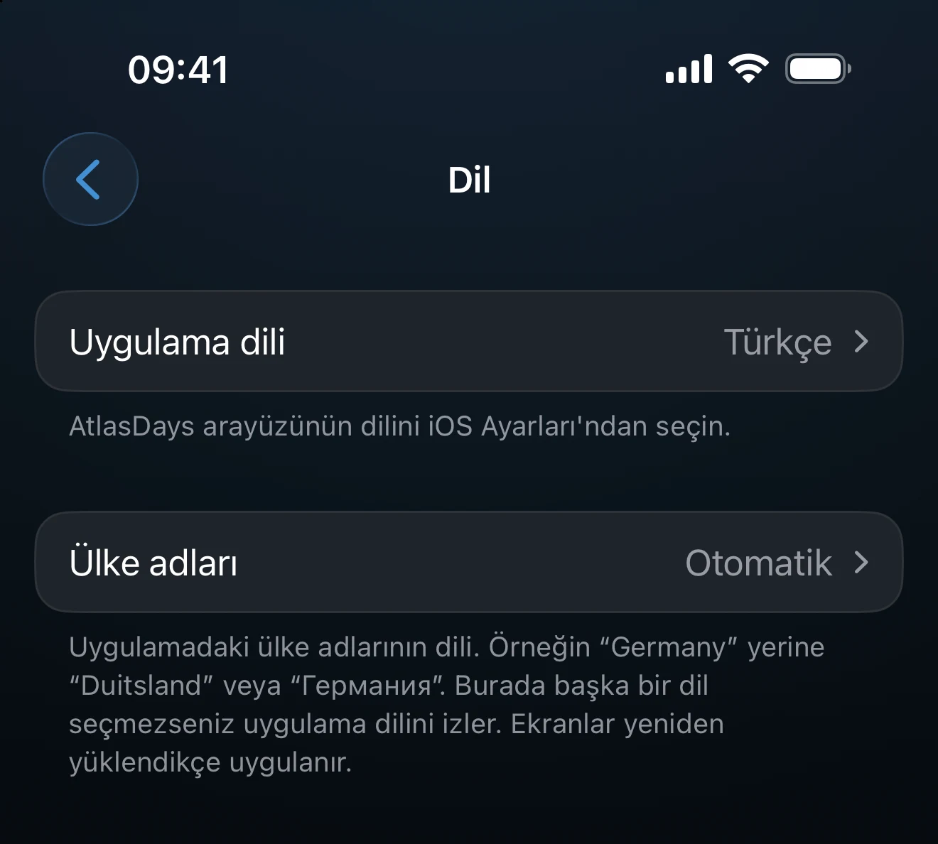 Arayüz ve ülke adı seçeneklerini gösteren Dil ayarları