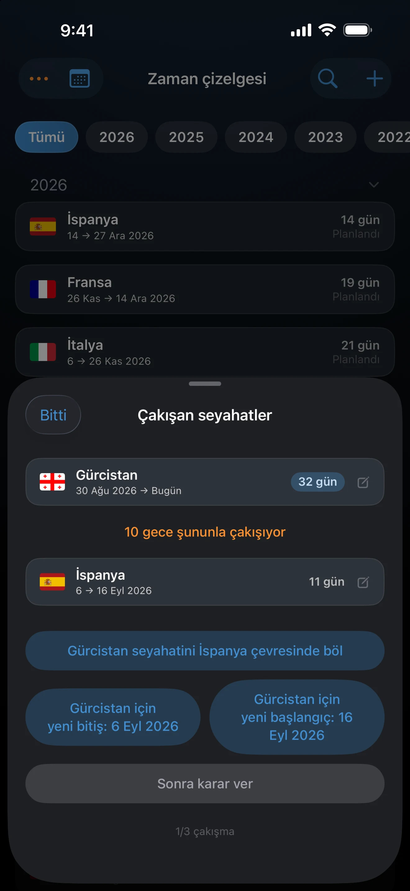 İki seyahat için kısaltma seçeneklerini gösteren Çakışan seyahatler sayfası