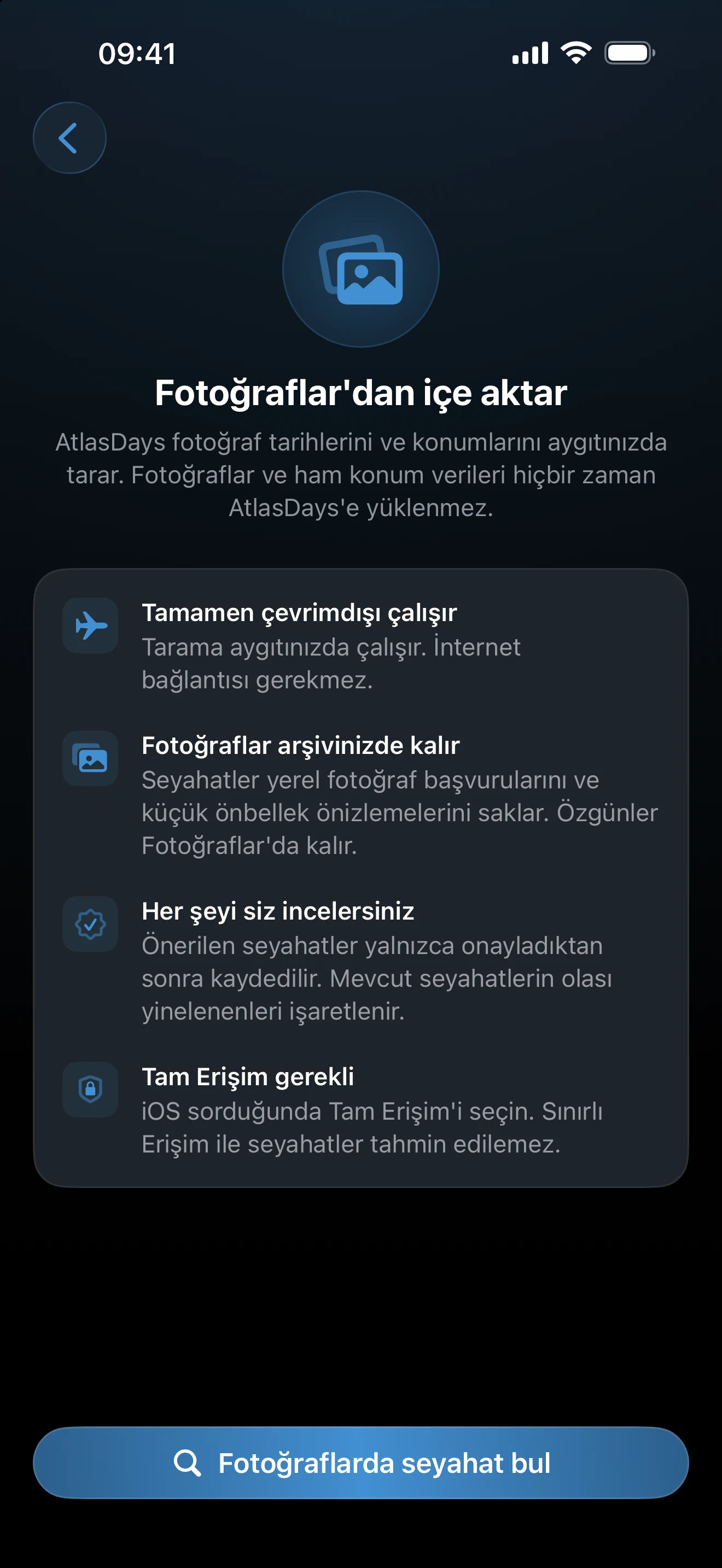 Fotoğraflardan içe aktarma kurulum ekranı