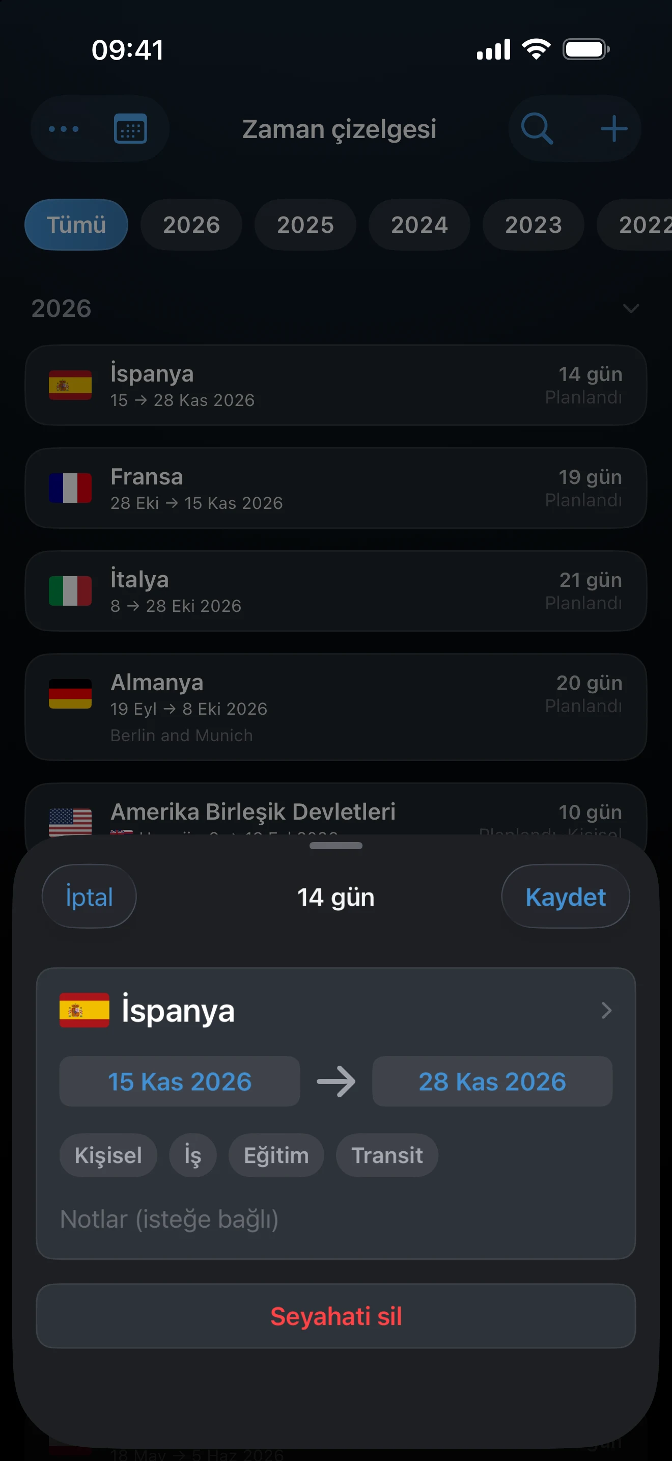 Gelecek tarihleri girilmiş Seyahat ekle formu