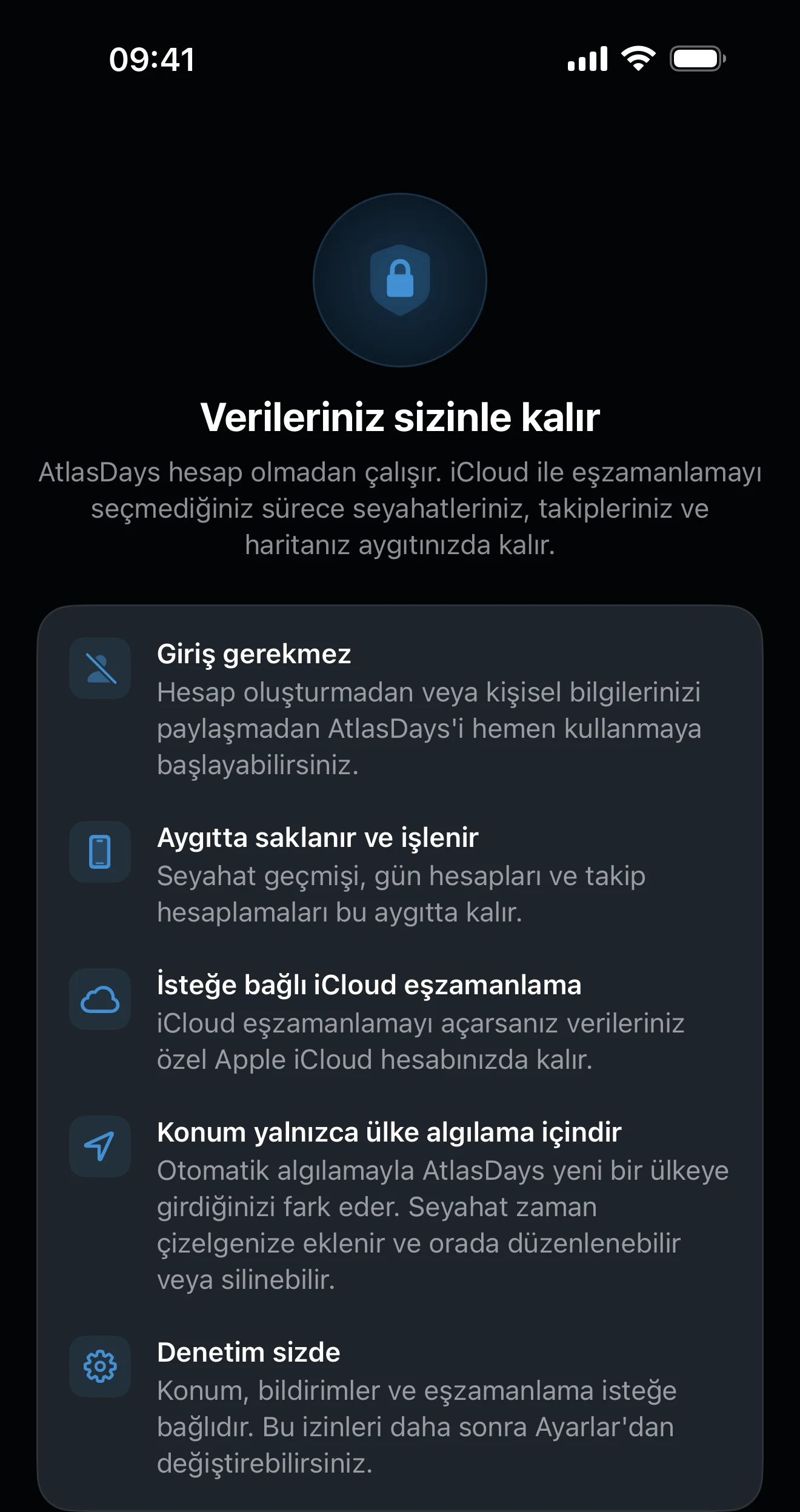 Veri ve izin özetlerini gösteren AtlasDays gizlilik genel bakışı