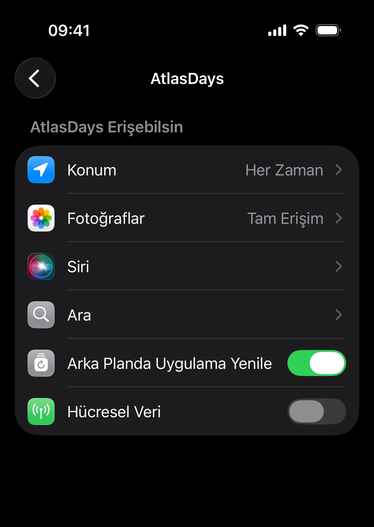 Konum, Fotoğraflar ve diğer izinleri listeleyen AtlasDays iOS Ayarlar sayfası