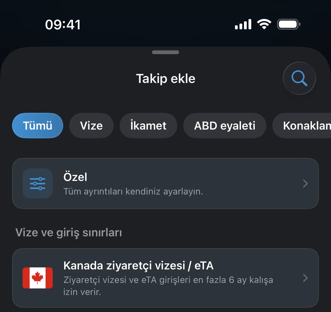 Vize filtresi seçili Takip ekle sayfası