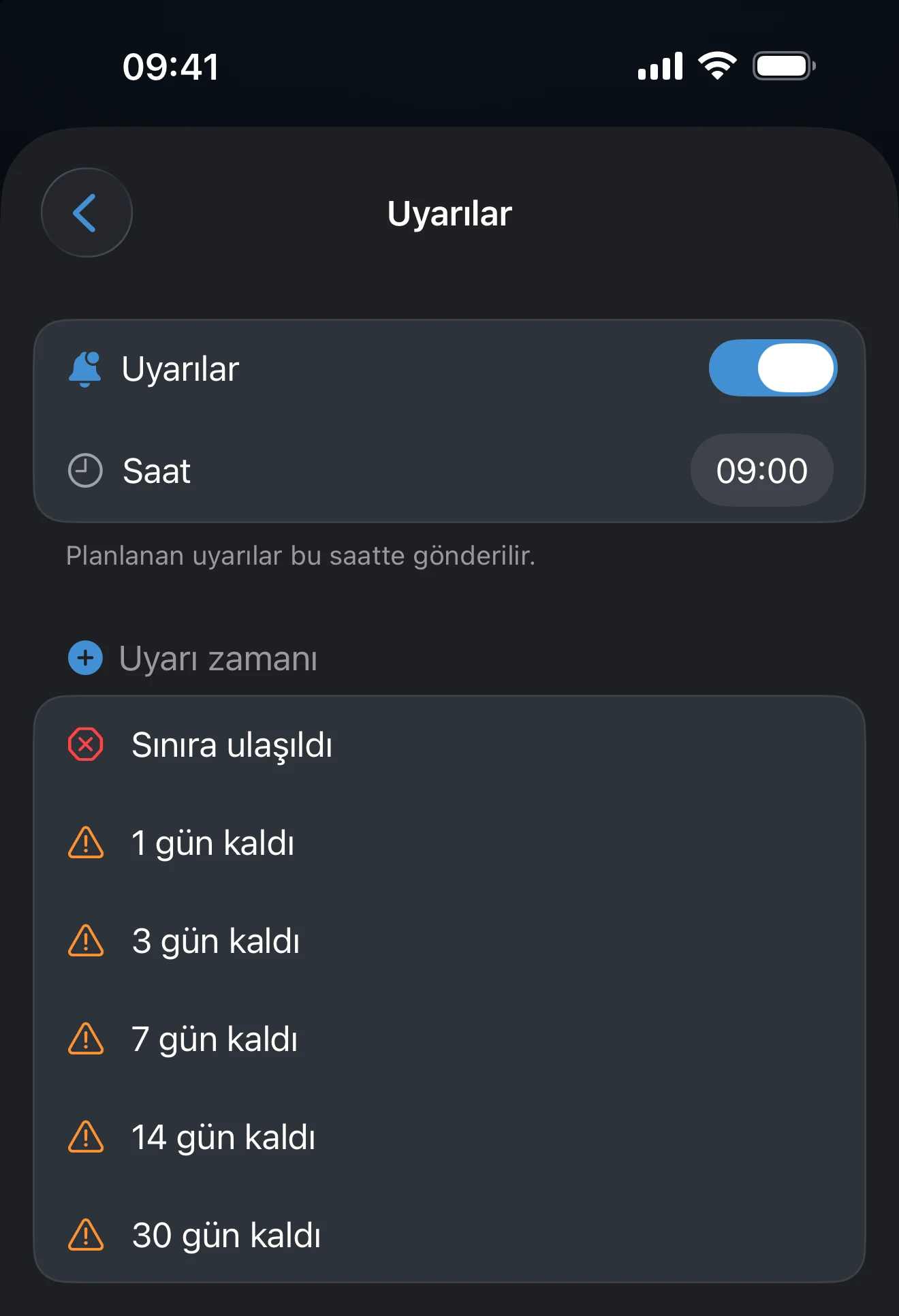Gönderim saatini ve eşik listesini gösteren takip Uyarılar ekranı