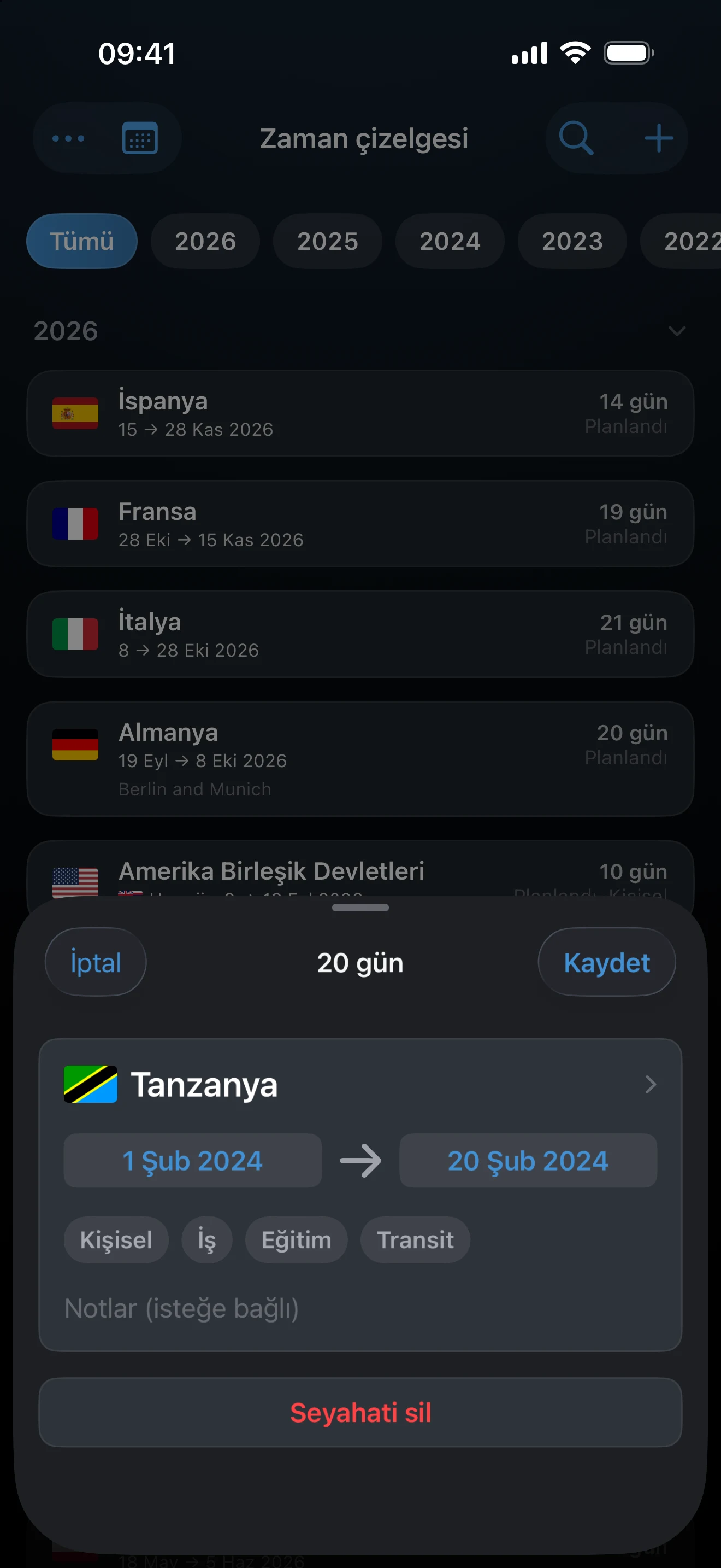 Ülke ve tarihleri gösteren Seyahati düzenle formu