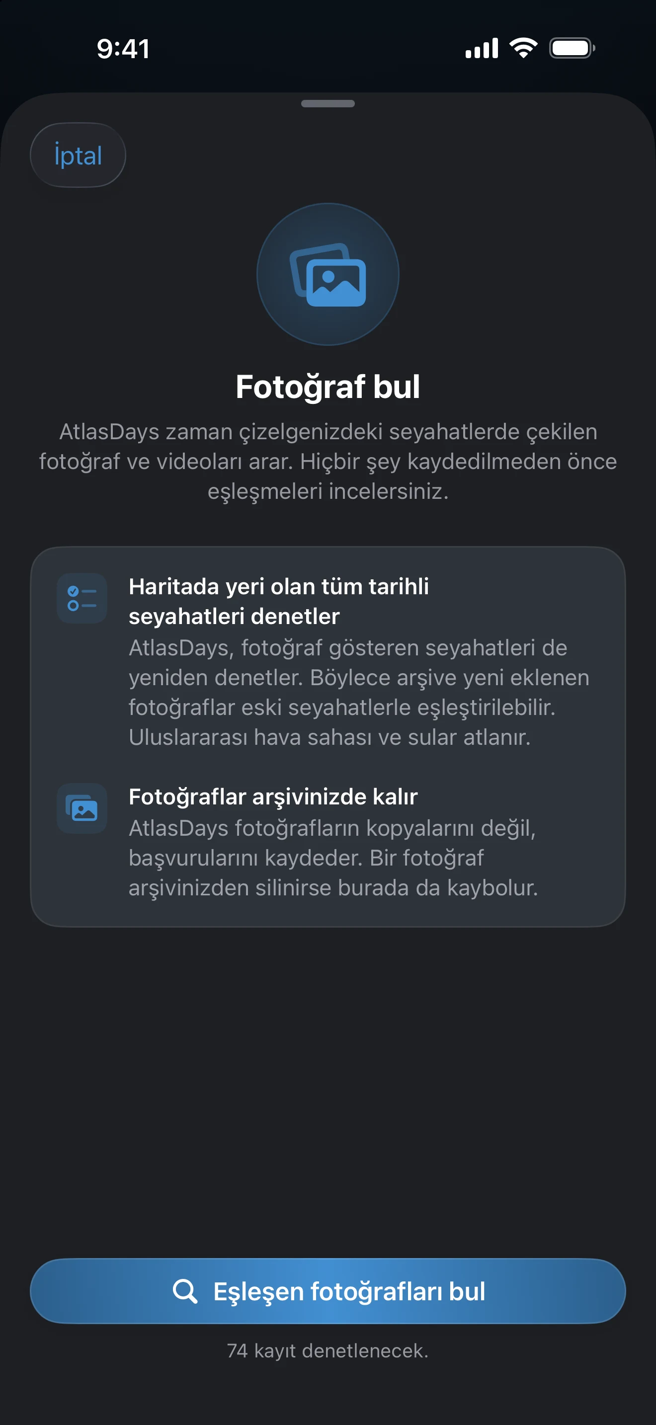 Eşleşen fotoğrafları bul düğmesinin bulunduğu Fotoğraf bul sayfası