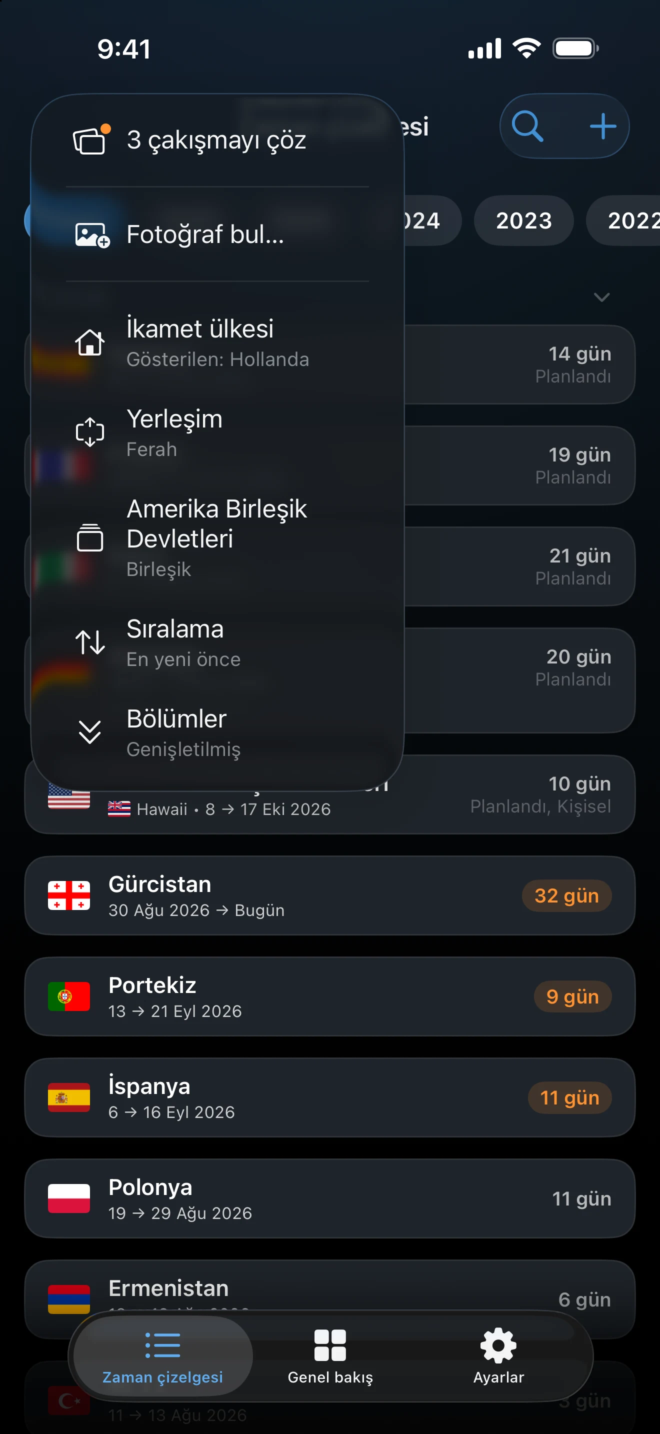 Çakışmaları çöz, Fotoğraf bul, İkamet ülkesi, Yerleşim, Amerika Birleşik Devletleri, Sıralama ve Bölümler öğelerini listeleyen zaman çizelgesi menüsü