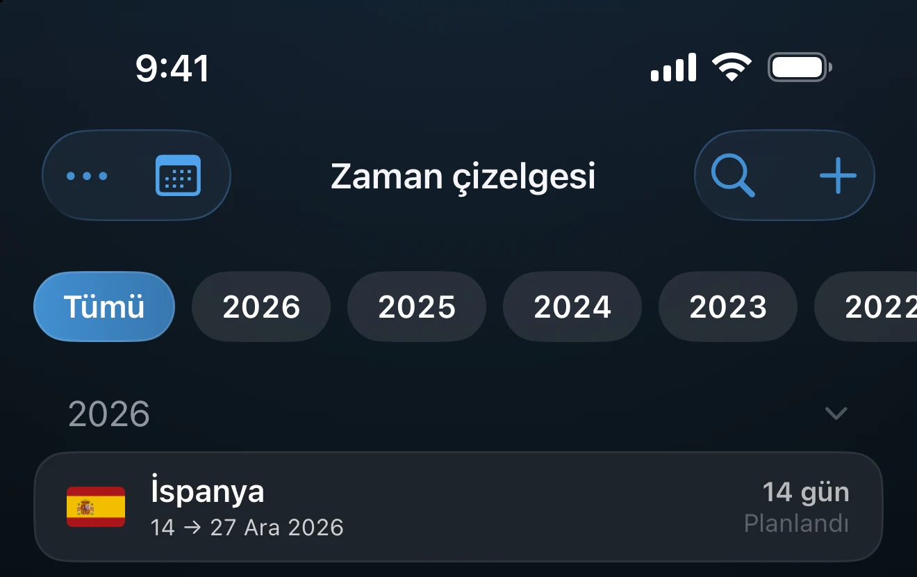 Seyahat listesinin üstünde Tüm zamanlar ve yıl filtresi düğmeleri bulunan zaman çizelgesi