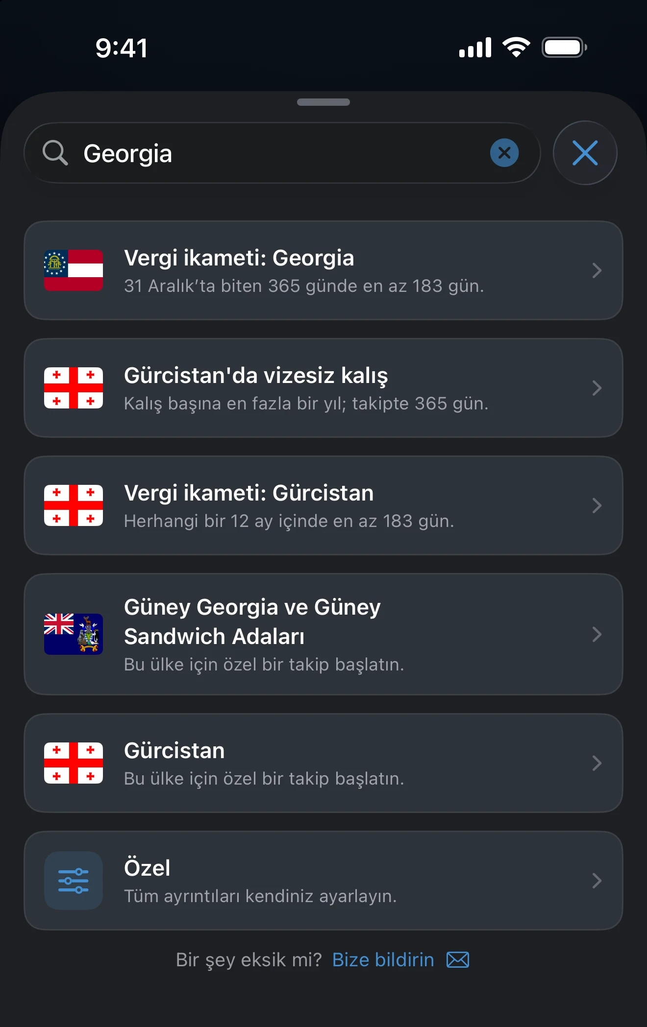 Bir ülke adı için Takip ekle arama sonuçları