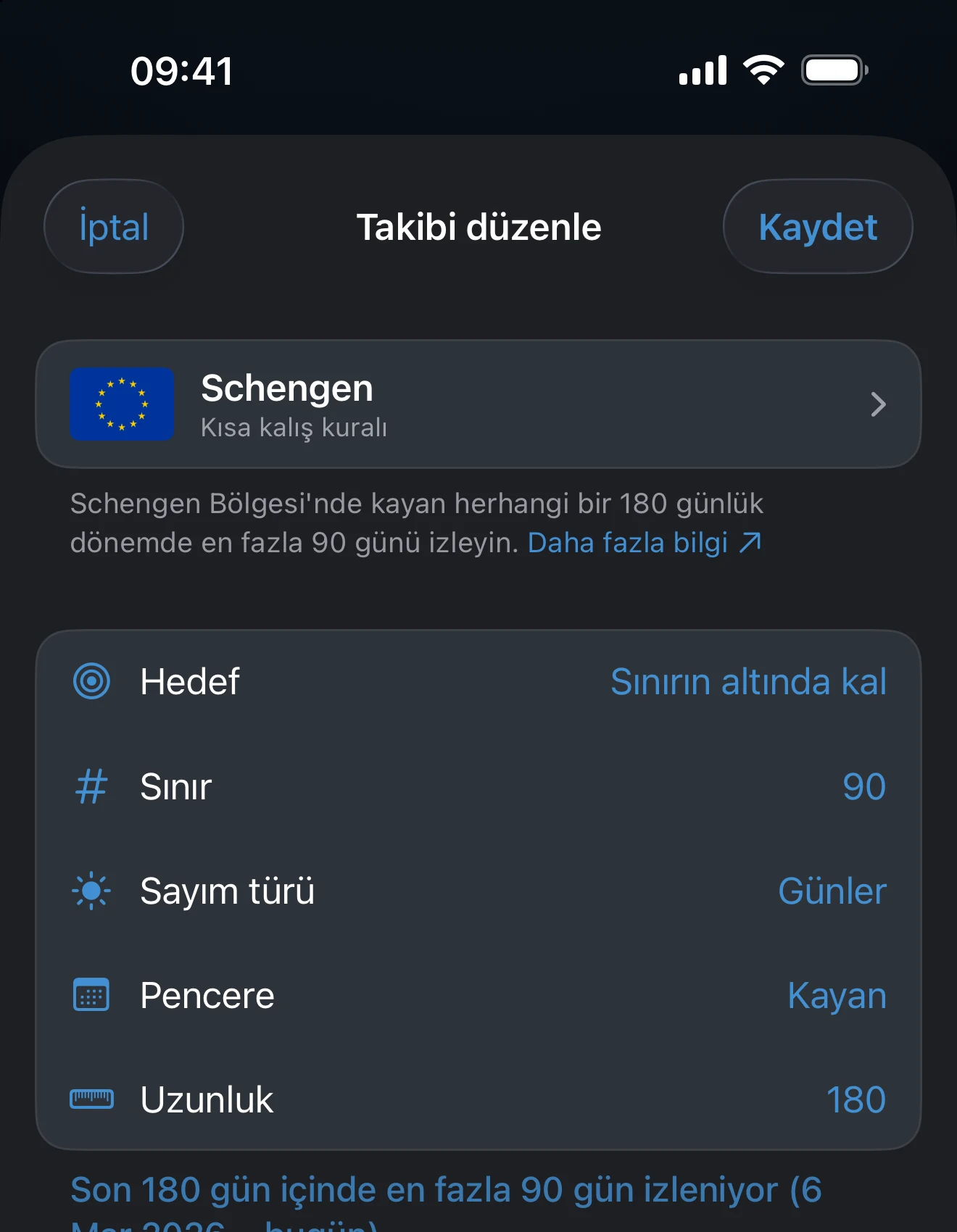 Sınır ve dönem denetimlerini gösteren takip düzenleyicisi