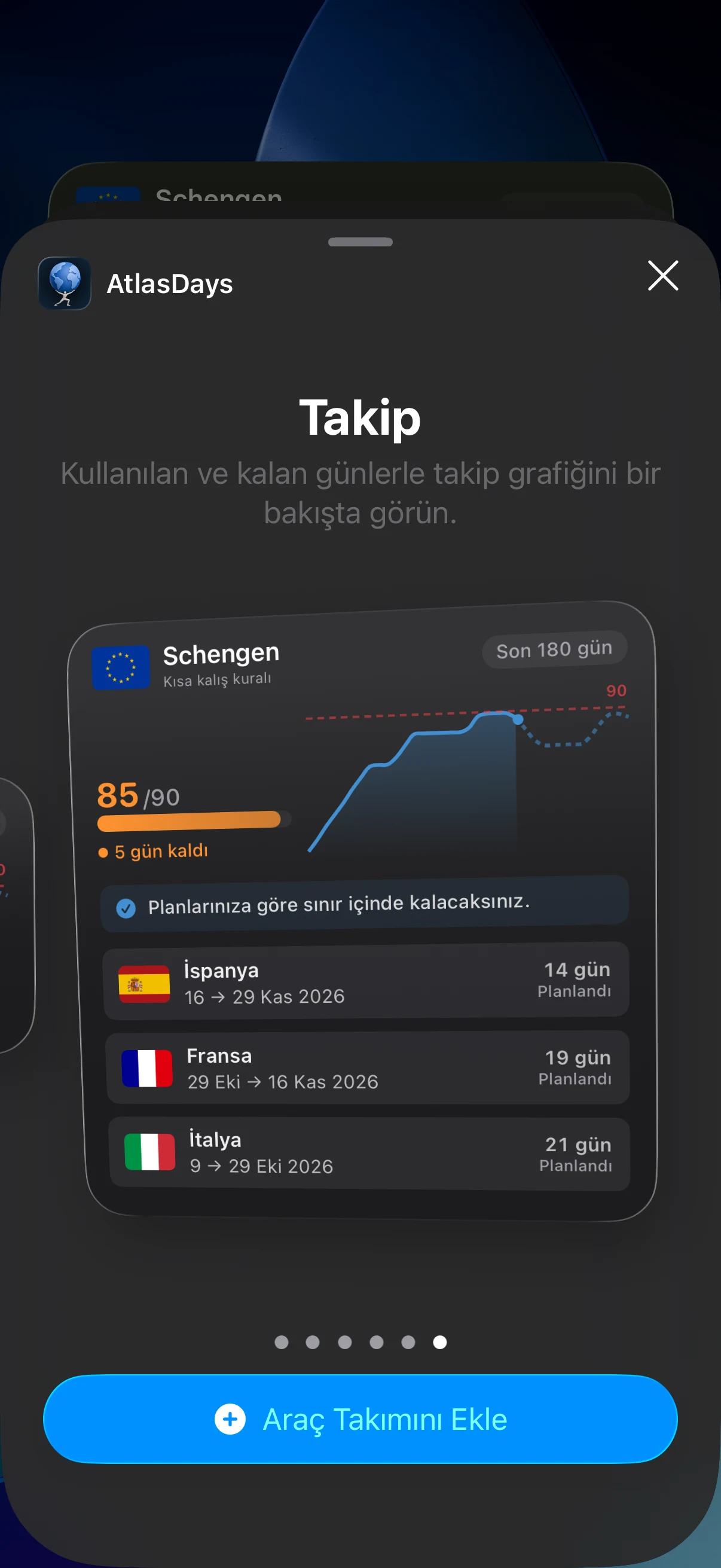 AtlasDays Takip ve Dünya haritası widget'larını gösteren iOS widget galerisi