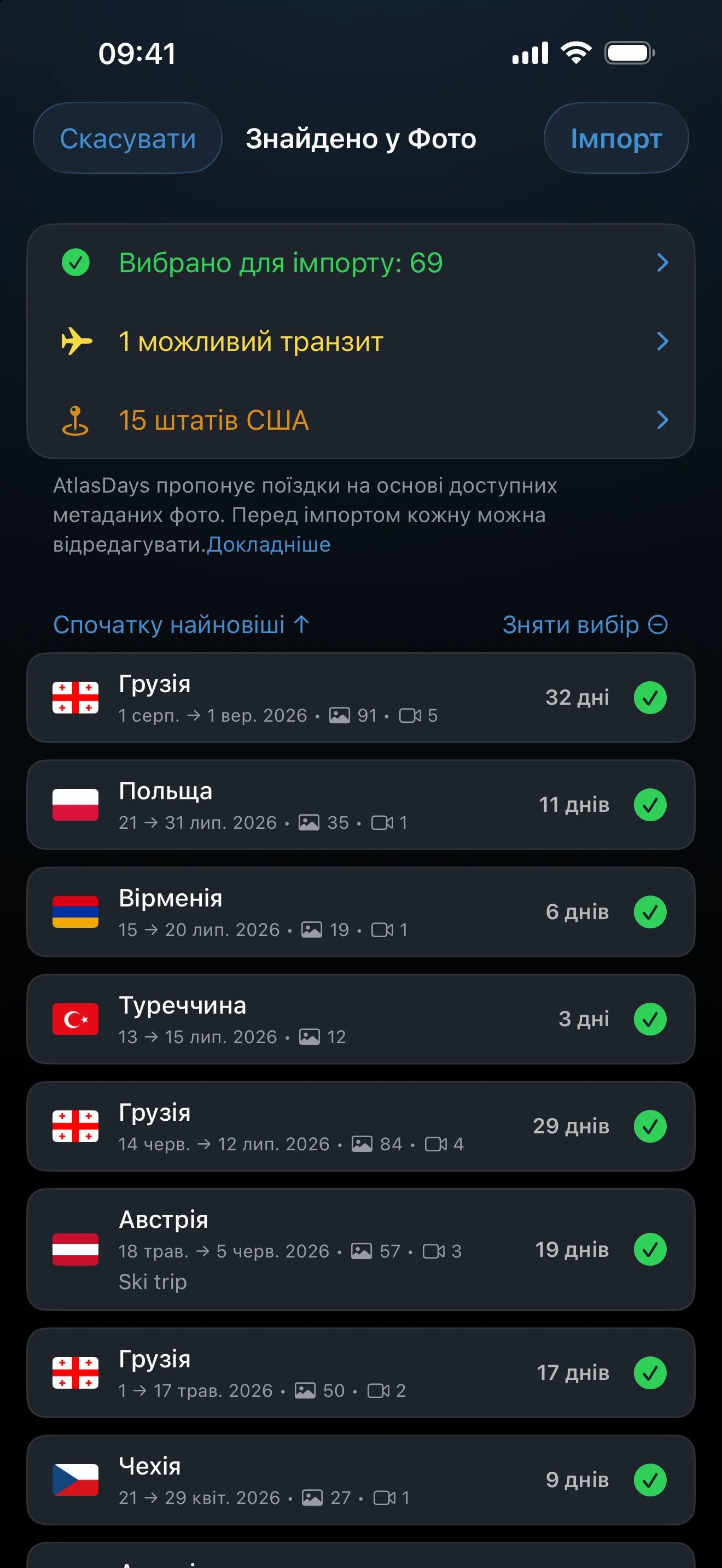 Перевірка імпорту фото із запропонованими поїздками й попередженнями