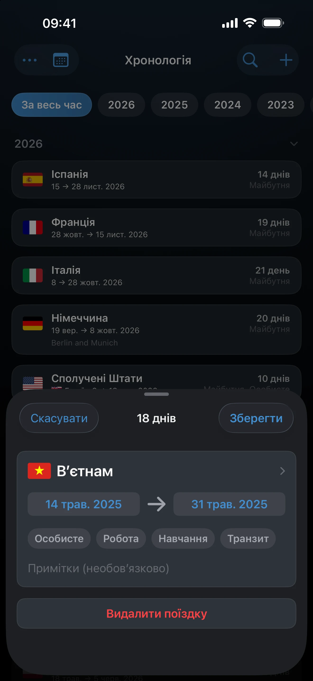 Екран редагування поїздки з країною й датами