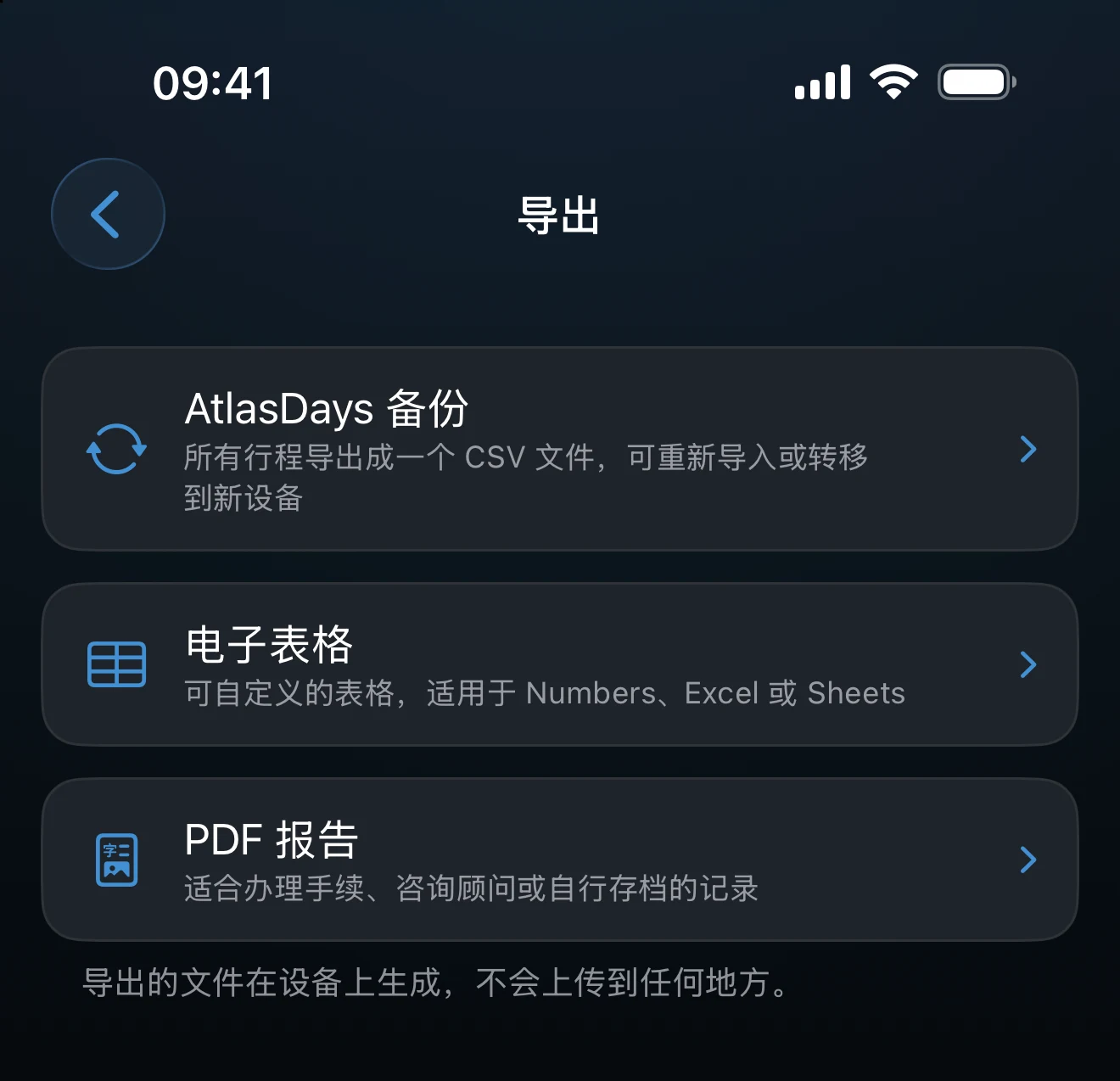 导出界面，含 AtlasDays 备份、电子表格和 PDF 选项