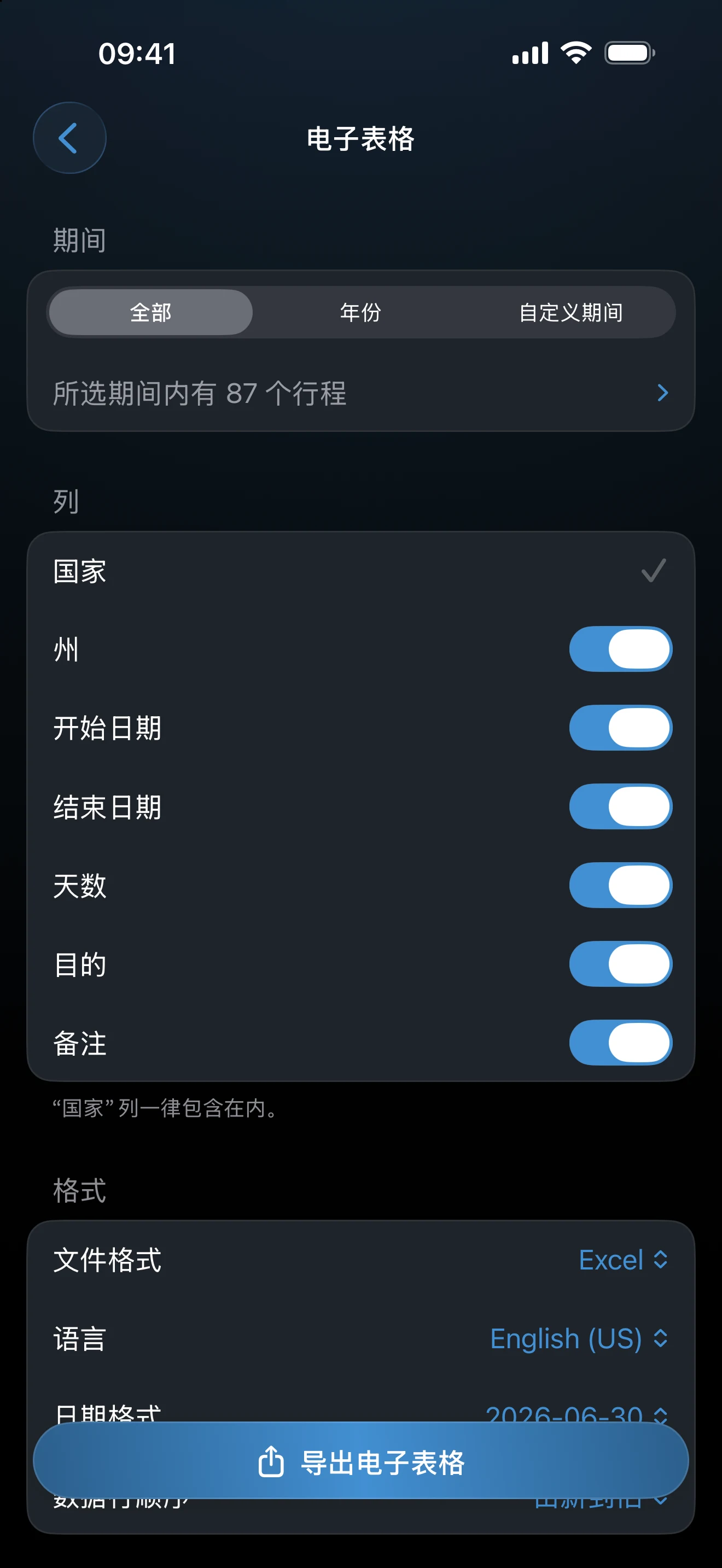 电子表格导出的配置界面，含格式与日期选项