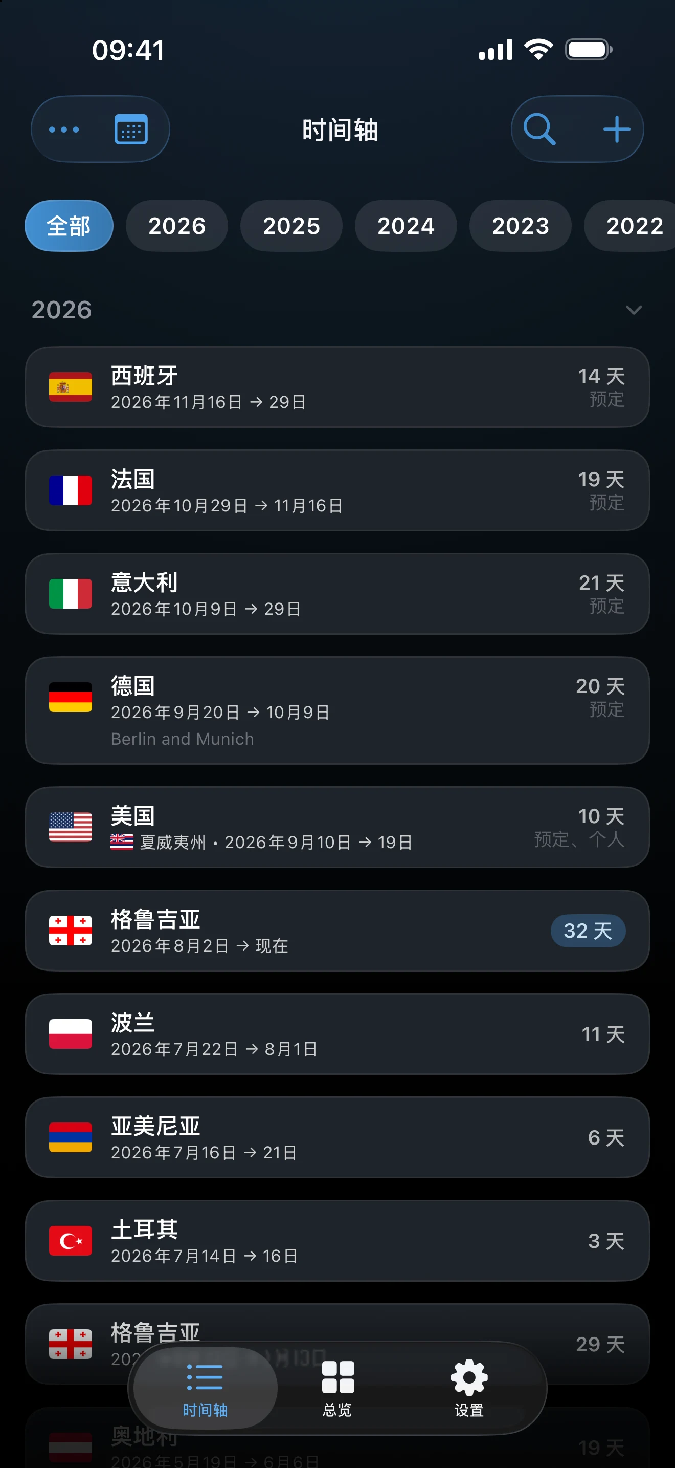 AtlasDays 时间轴，按国家和日期列出已存储的行程