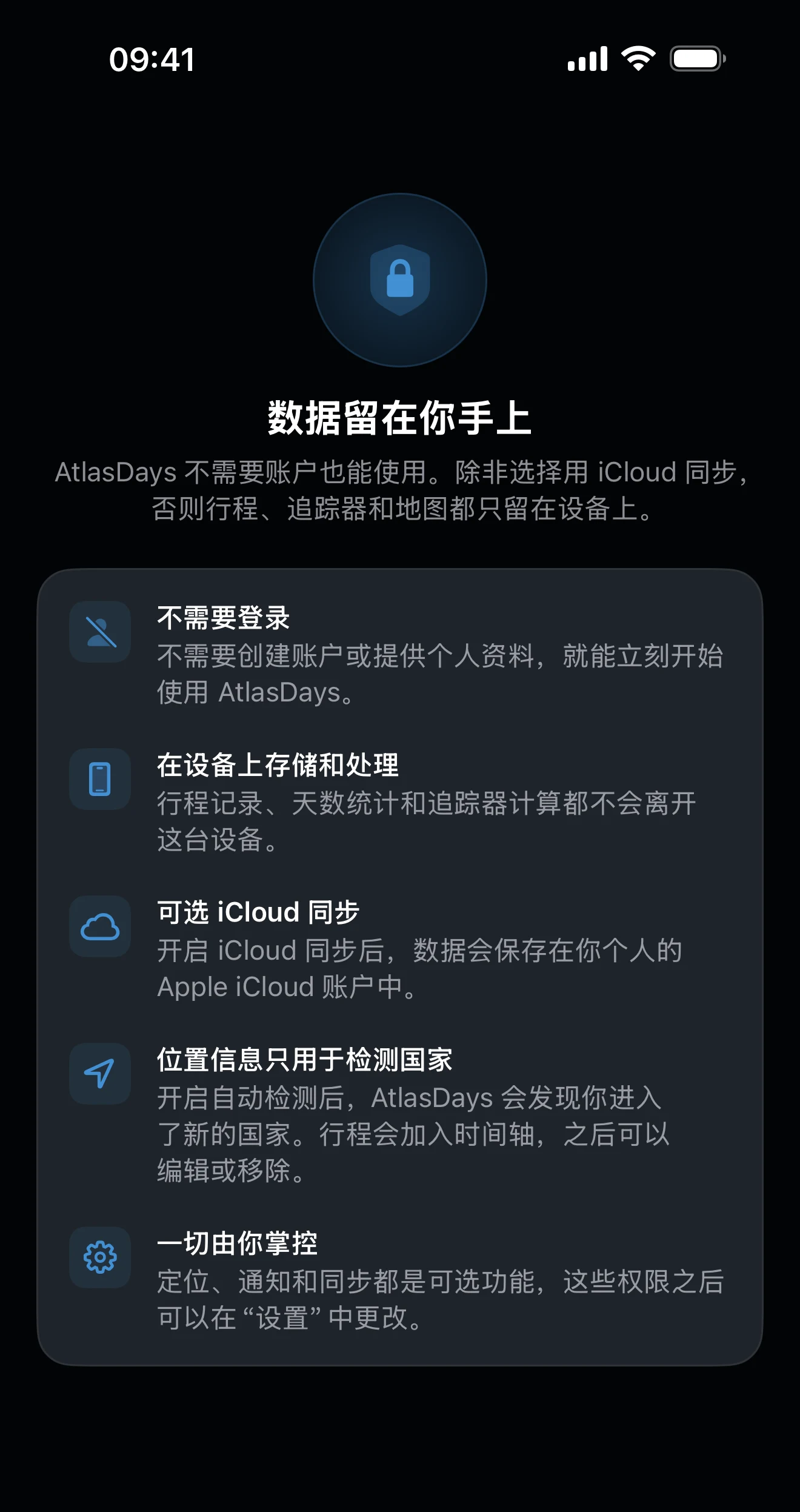 AtlasDays 的隐私总览界面，汇总数据与权限情况