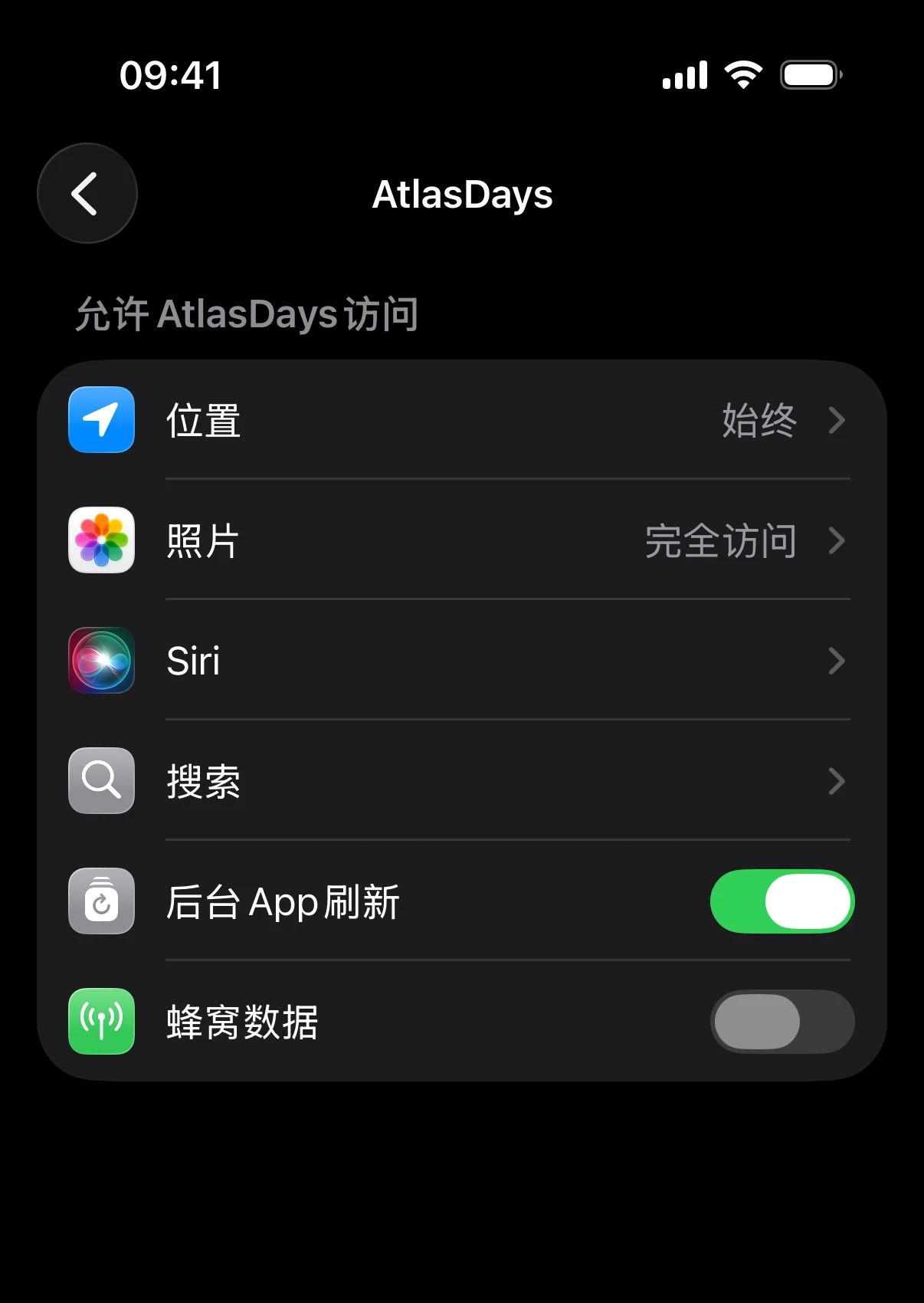 AtlasDays 的 iOS 设置页面，列出位置、照片等权限