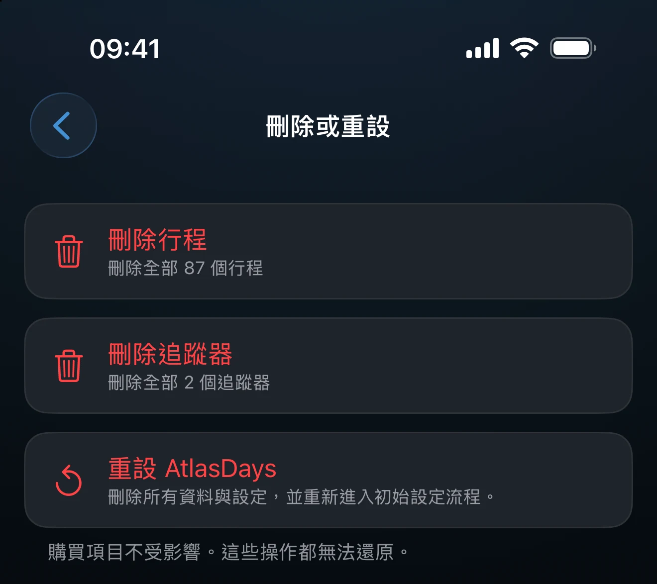 刪除或重設畫面，列出可用的動作