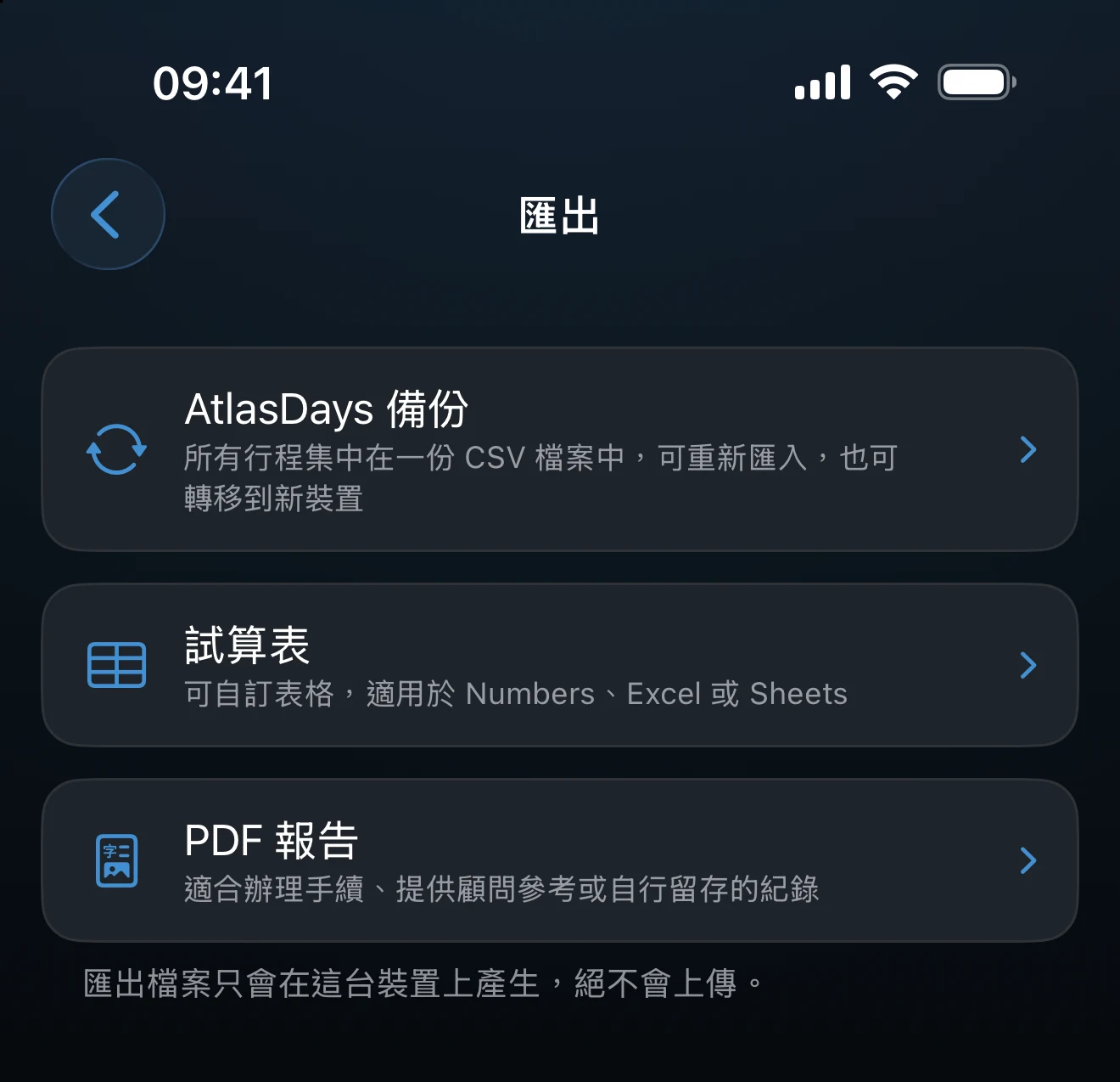 匯出畫面，含 AtlasDays 備份、試算表和 PDF 選項