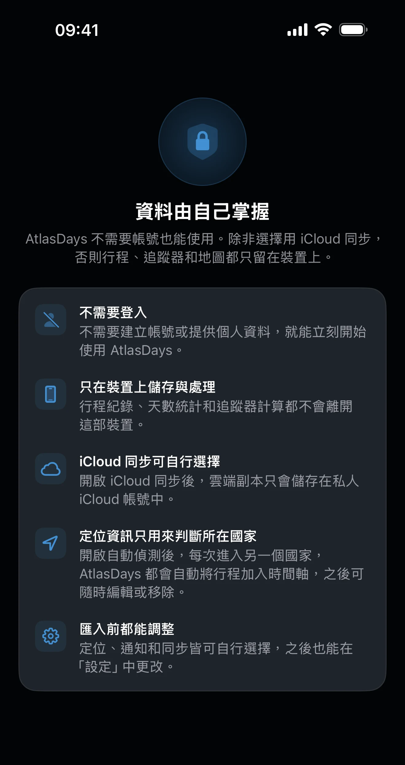 AtlasDays 隱私權總覽，顯示資料與權限摘要