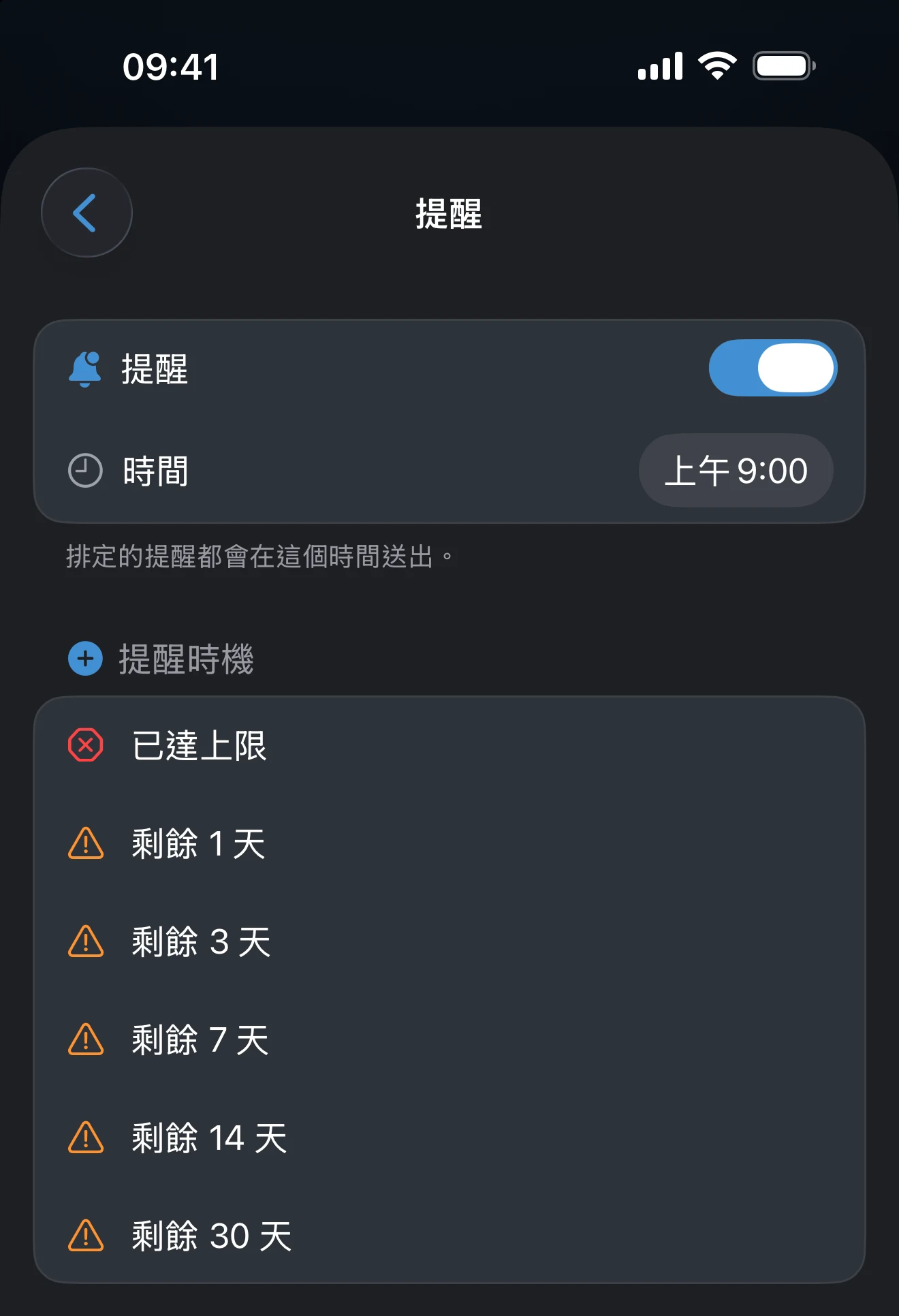 追蹤器的「提醒」畫面，含送出時間和門檻清單