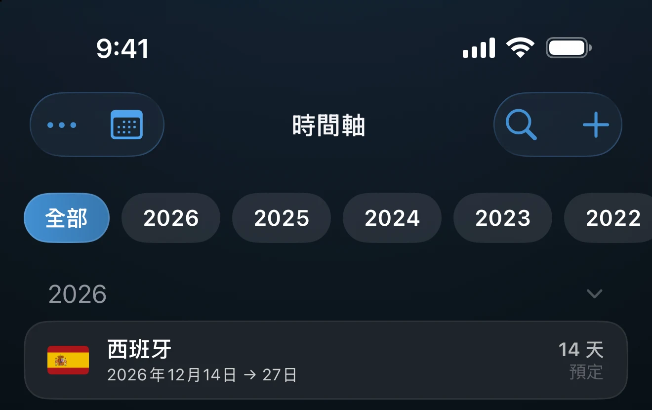時間軸，行程列表上方有「歷年」和各年份篩選標籤