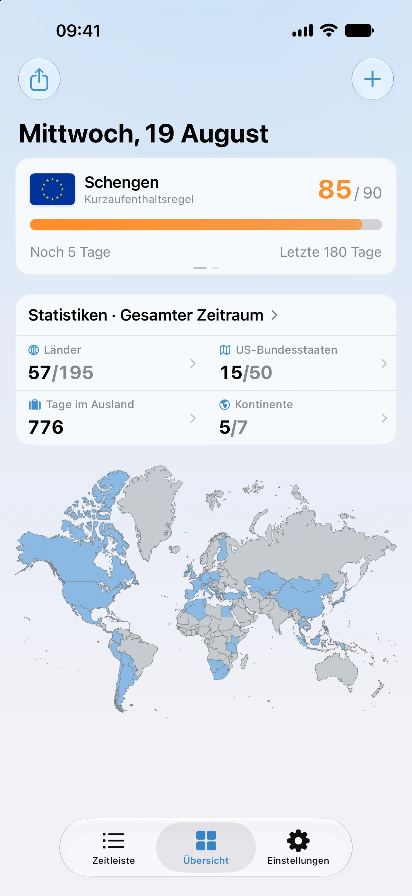 Die Übersicht in AtlasDays mit dem Schengen-Tracker, Statistiken über den gesamten Zeitraum und der Weltkarte