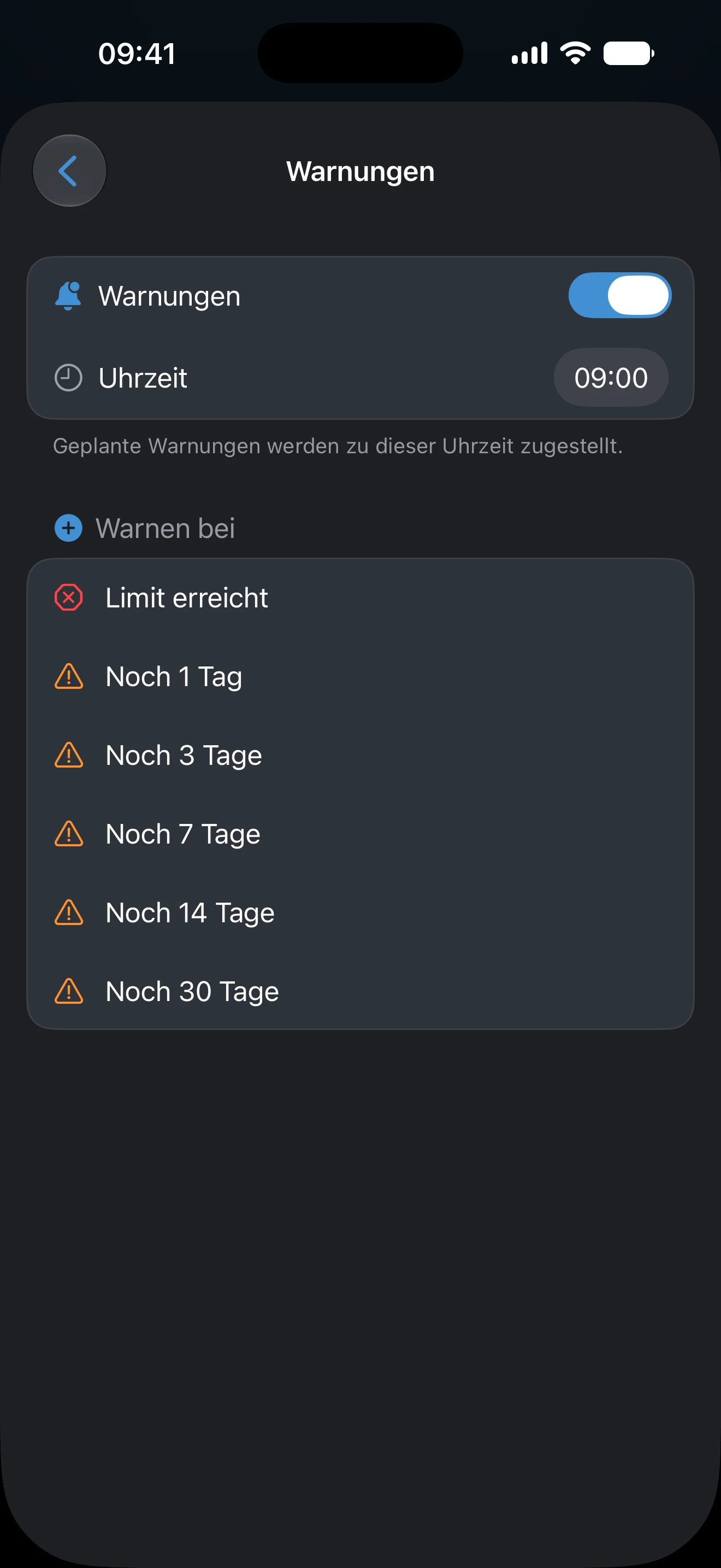 Warnungseinstellungen eines AtlasDays-Trackers, mit Uhrzeit der Zustellung und Warnungen von 30 verbleibenden Tagen bis zum erreichten Limit