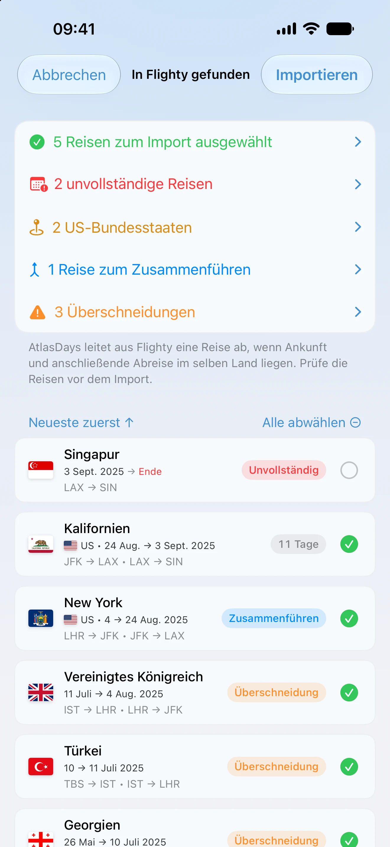 Die Importprüfung einer Flighty-Flughistorie in AtlasDays, die unvollständige Reisen, US-Bundesstaaten, eine mögliche Zusammenführung und Überschneidungen vor dem Sichern kennzeichnet