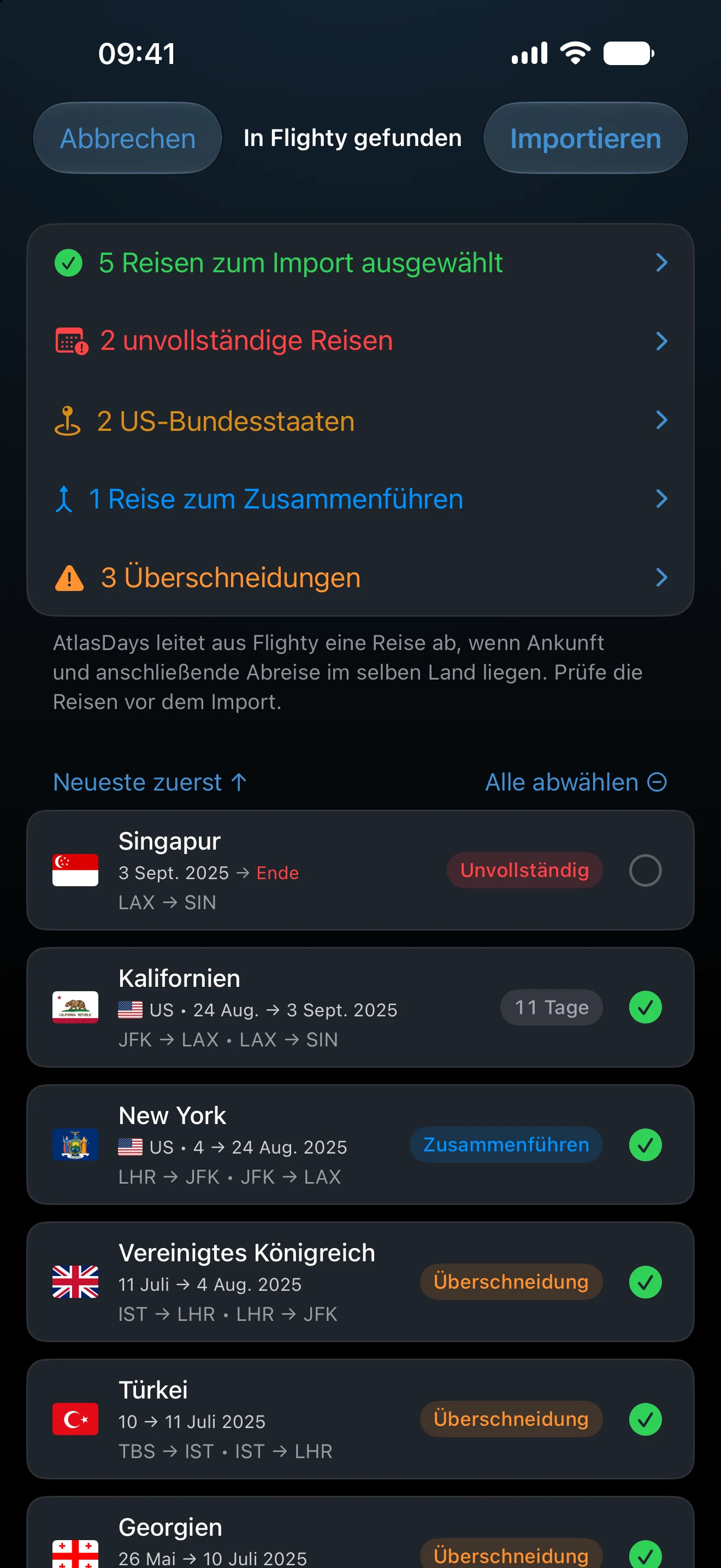 Die Importprüfung einer Flighty-Flughistorie in AtlasDays, die unvollständige Reisen, US-Bundesstaaten, eine mögliche Zusammenführung und Überschneidungen vor dem Sichern kennzeichnet