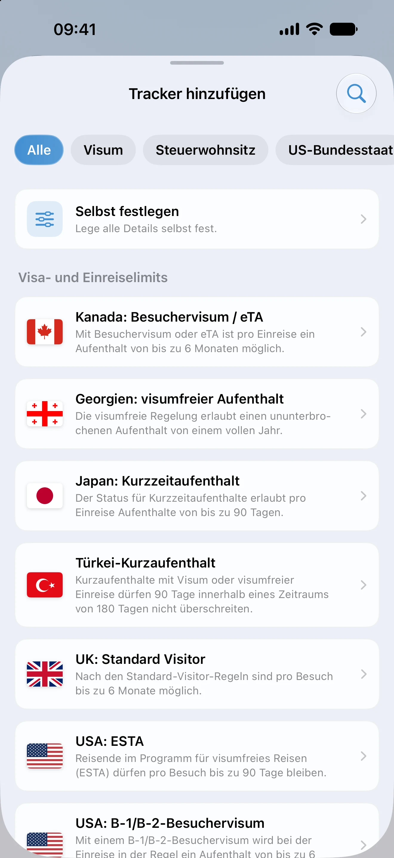Der Bildschirm „Tracker hinzufügen“ in AtlasDays, mit Filtern für Visum, Steuerwohnsitz, US-Bundesstaat und Aufenthaltsziel über einer Liste fertiger Vorlagen für Visa- und Einreiselimits