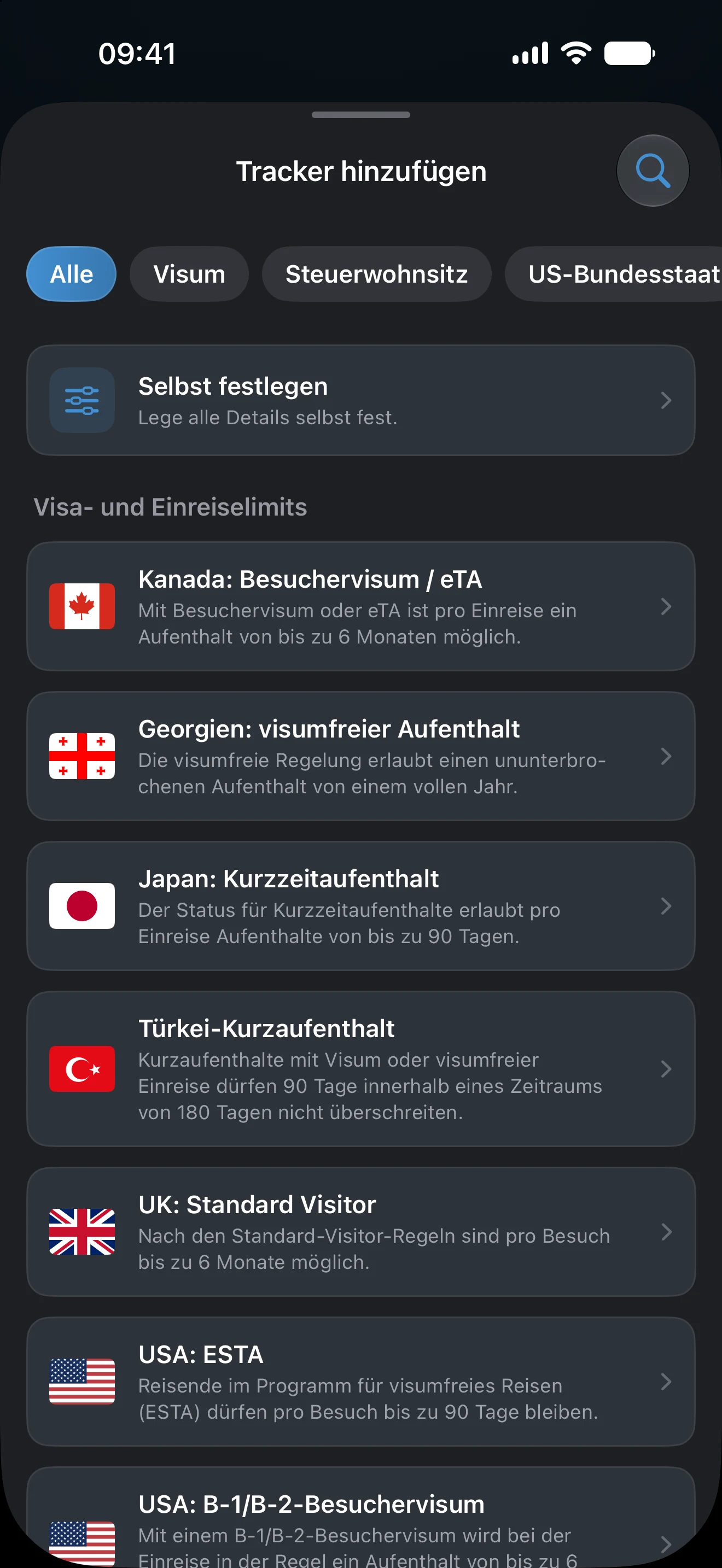 Der Bildschirm „Tracker hinzufügen“ in AtlasDays, mit Filtern für Visum, Steuerwohnsitz, US-Bundesstaat und Aufenthaltsziel über einer Liste fertiger Vorlagen für Visa- und Einreiselimits