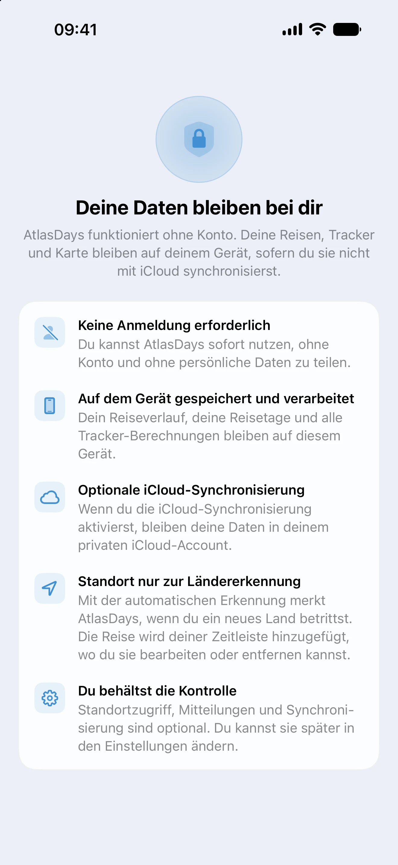 Das Datenschutz-Blatt in AtlasDays mit der Erklärung, dass Reisedaten auf dem Gerät bleiben, mit optionaler iCloud-Synchronisierung