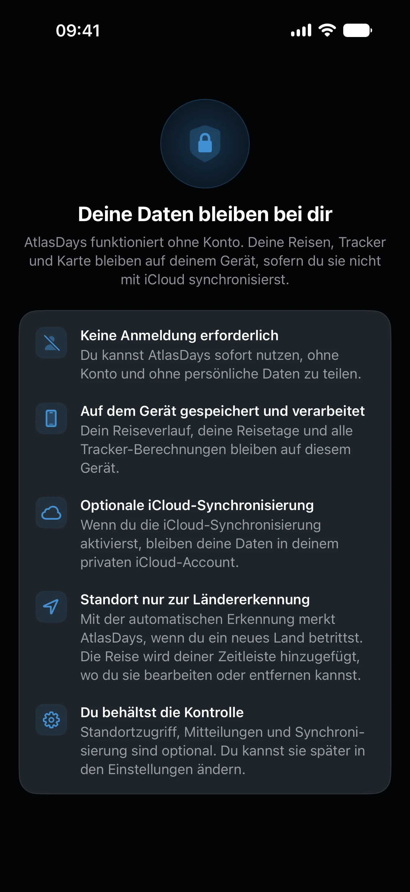 Das Datenschutz-Blatt in AtlasDays mit der Erklärung, dass Reisedaten auf dem Gerät bleiben, mit optionaler iCloud-Synchronisierung