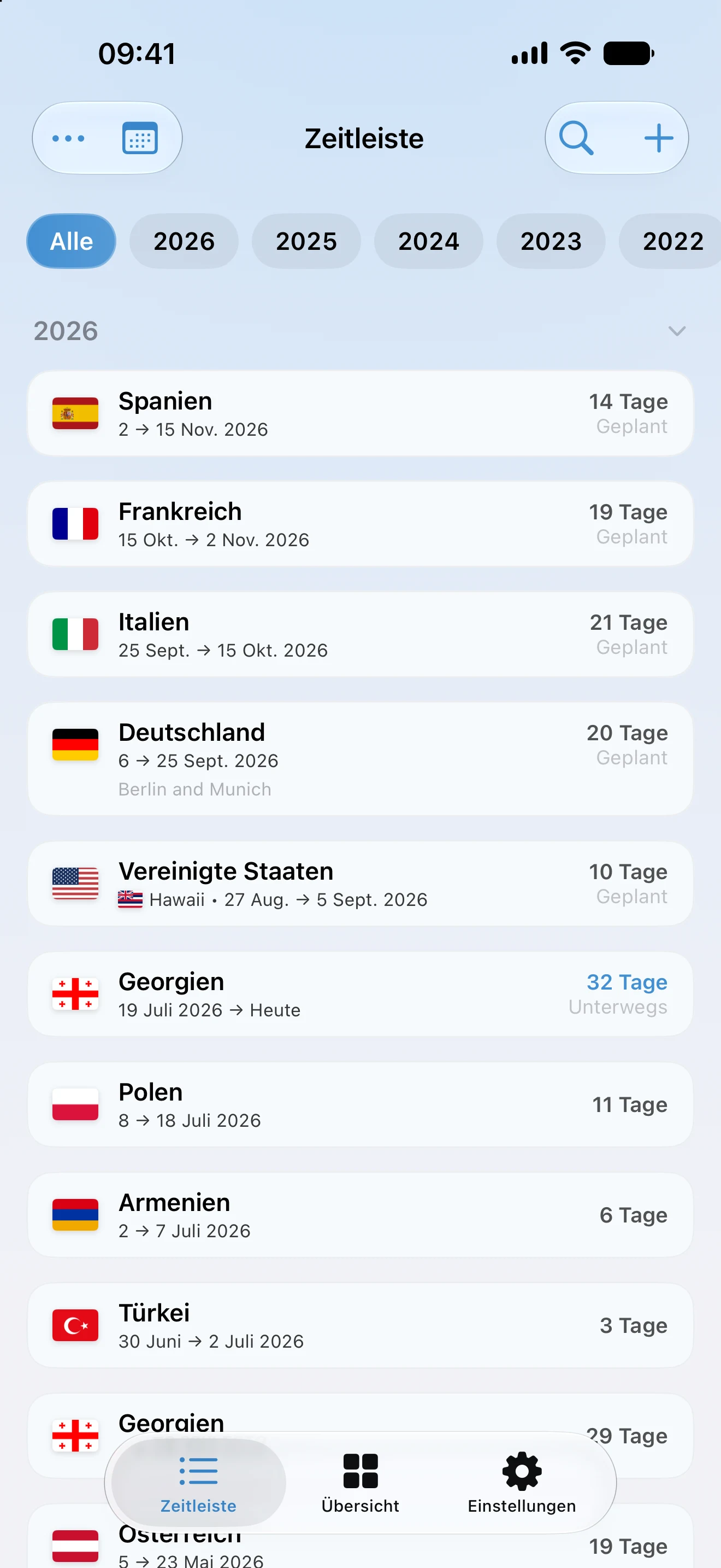 Die Zeitleiste in AtlasDays mit laufenden, vergangenen und geplanten Reisen