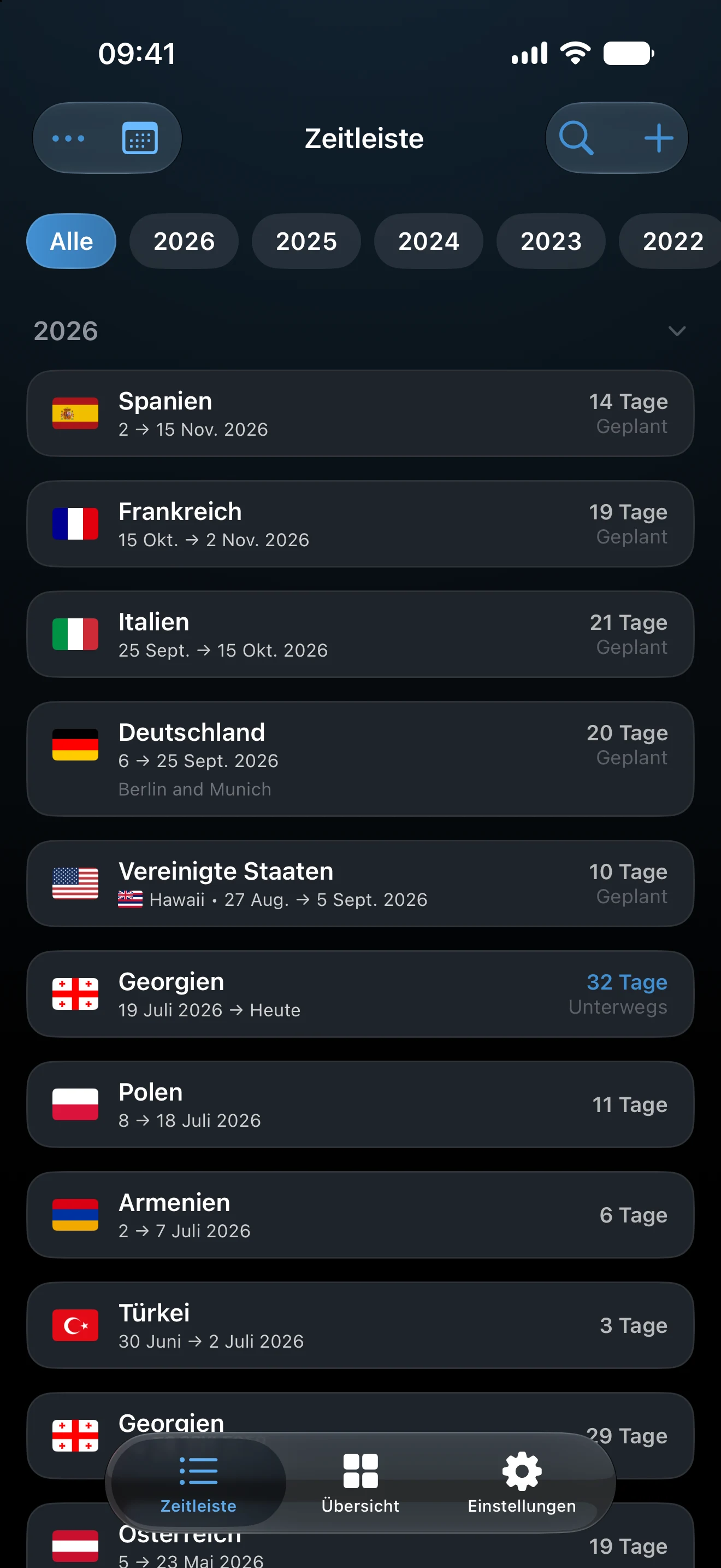 Die Zeitleiste in AtlasDays mit laufenden, vergangenen und geplanten Reisen